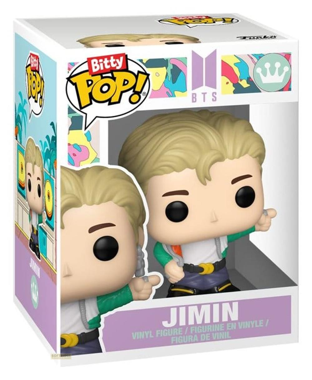 BTS Jimin Funko Pop-Figur im Karton. Blondes Haar, grüne Jacke. Sieht nach vorne.