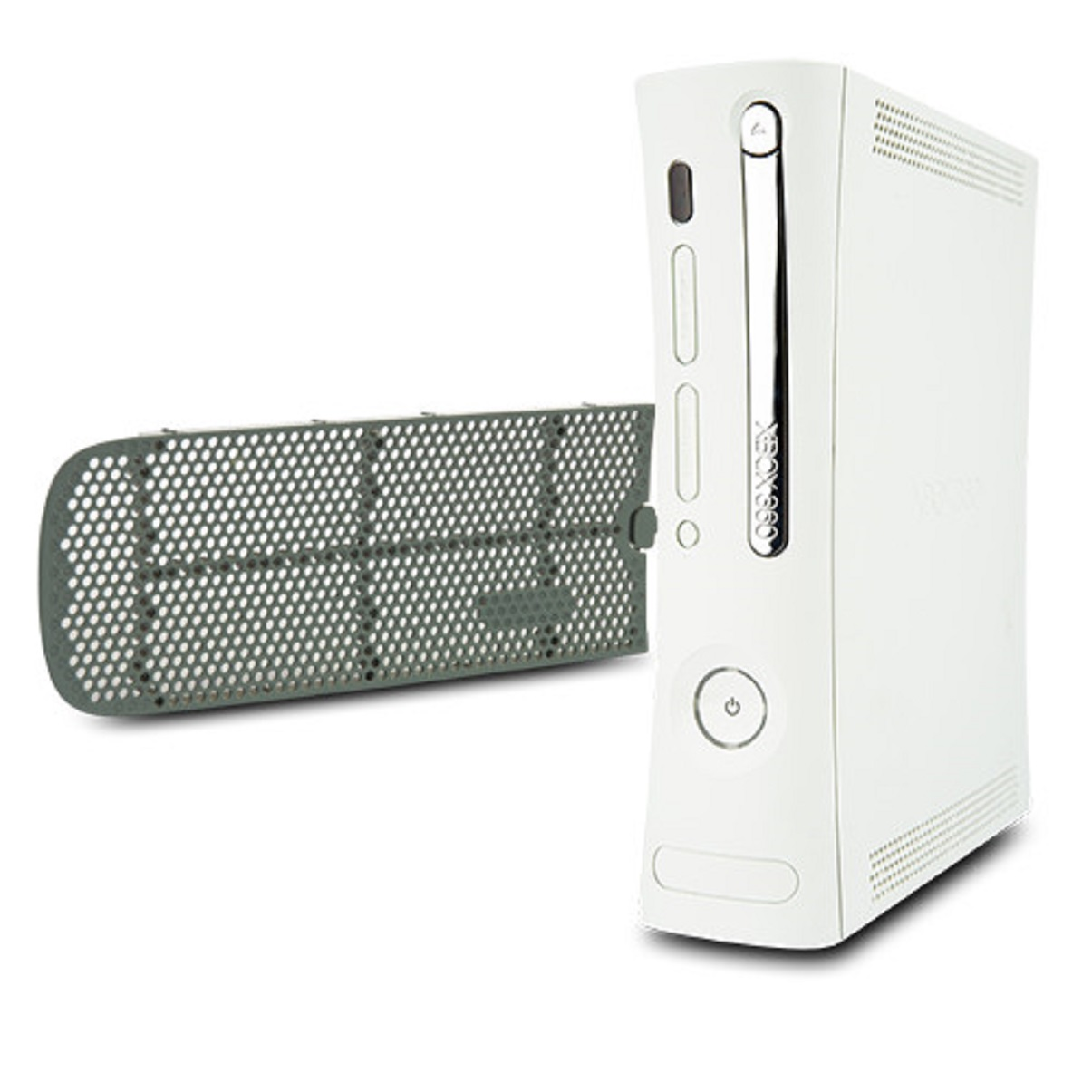 Ein weißes Xbox 360-Gehäuse mit einem abnehmbaren grauen Lüftergitter daneben.