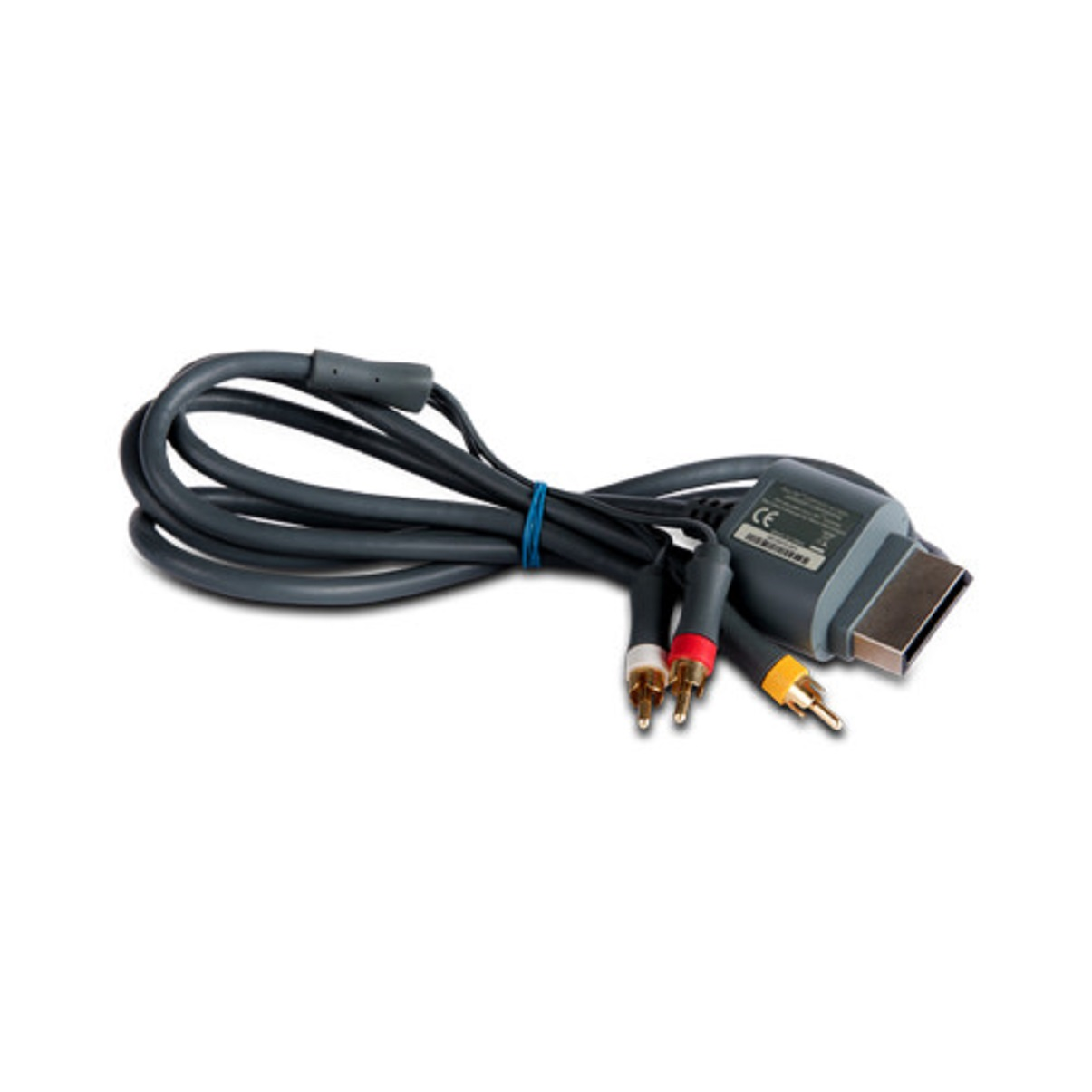 Ein graues Kabel mit RCA-Steckern in Rot, Weiß und Gelb an einem Ende.