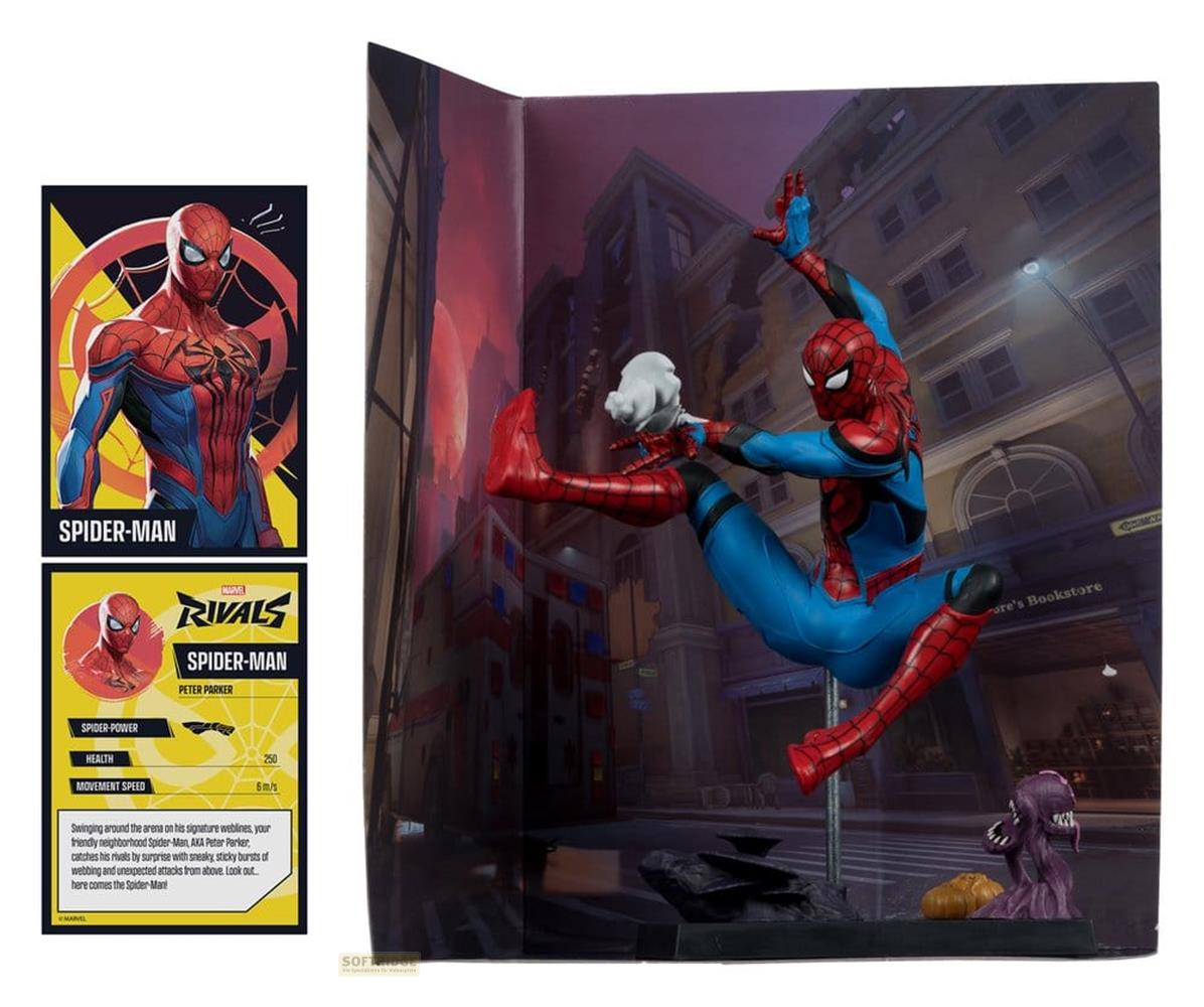 Spider-Man in Aktion vor einem Bücherladen mit städtischem Hintergrund.