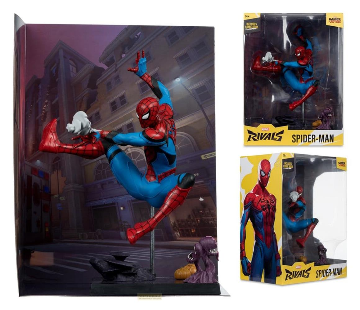 Spiderman-Figur springt im Sprung, mit einem Comicbuch und einem lila Monster.