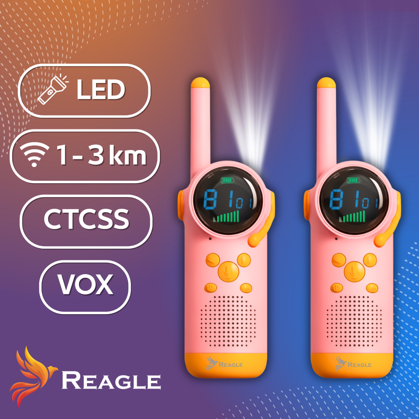 Dwa różowe krótkofalówki z żółtymi akcentami i podświetlanymi ekranami.