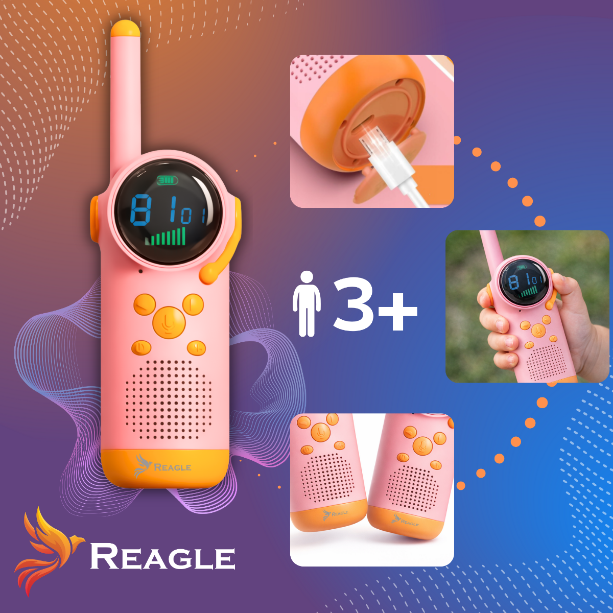 Różowy dziecięcy walkie-talkie z pomarańczowymi akcentami i cyfrowym wyświetlaczem.