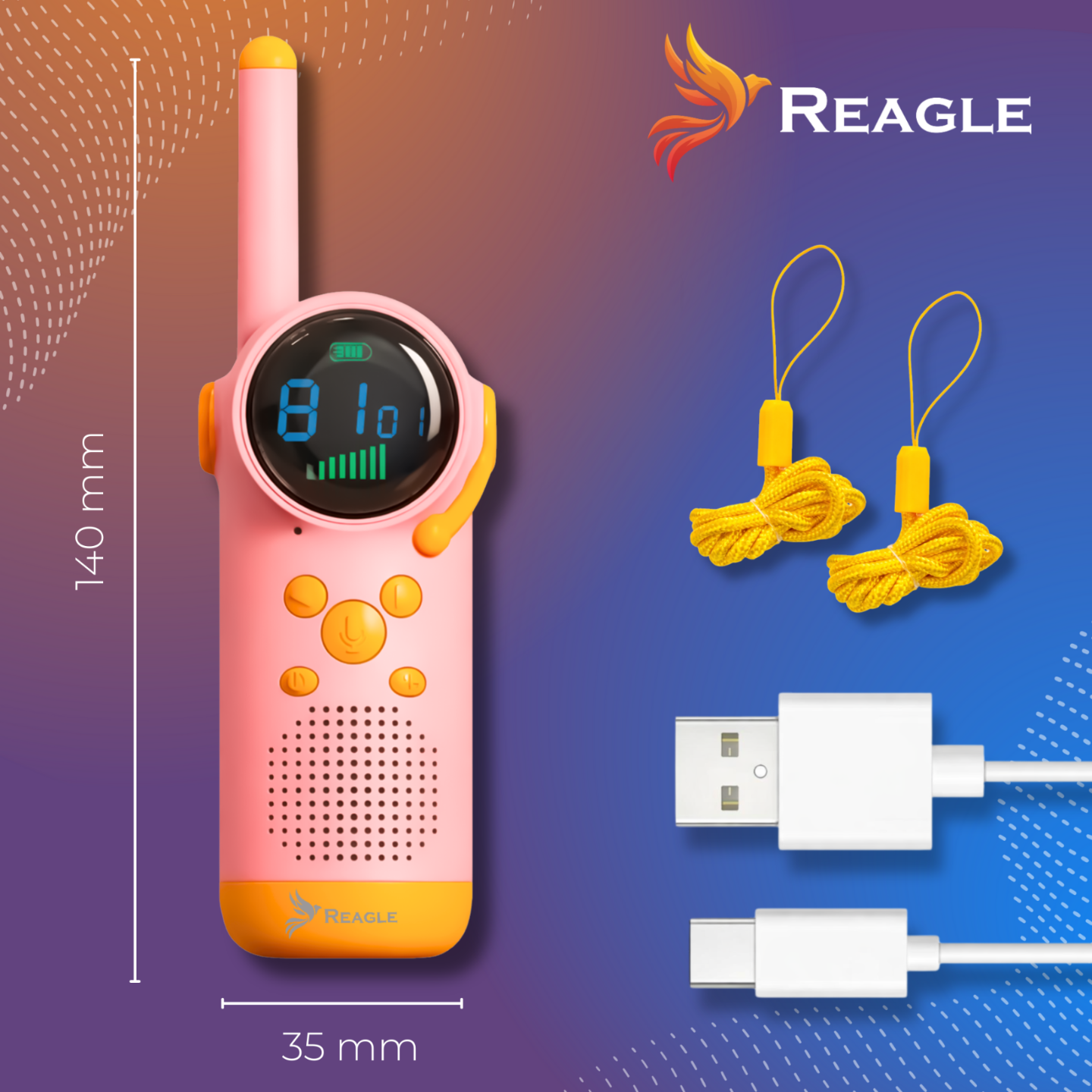 Różowy walkie-talkie z żółtymi akcentami, kablami USB i smyczami.