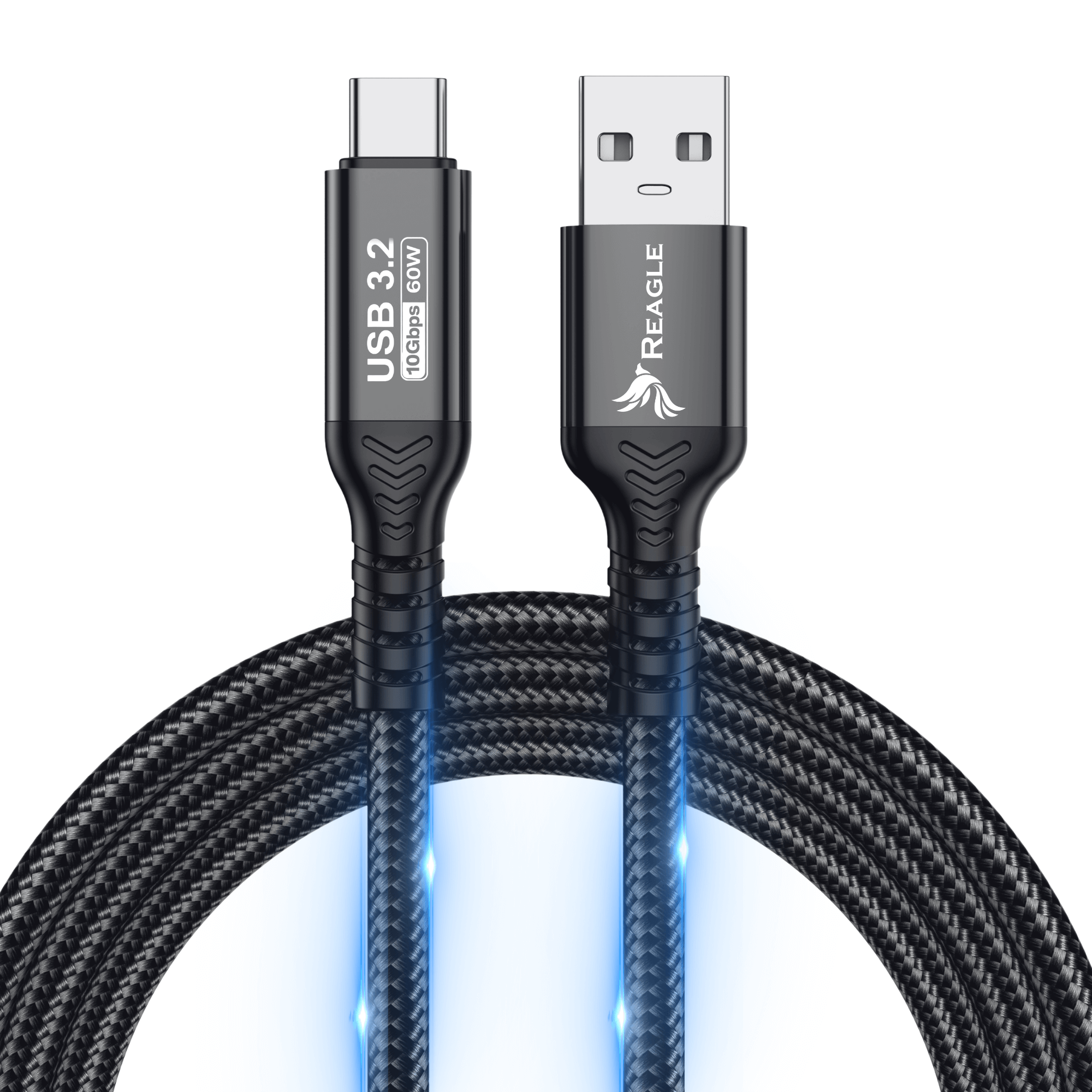 Czarny kabel USB-C do USB-A z niebieskimi światłami.