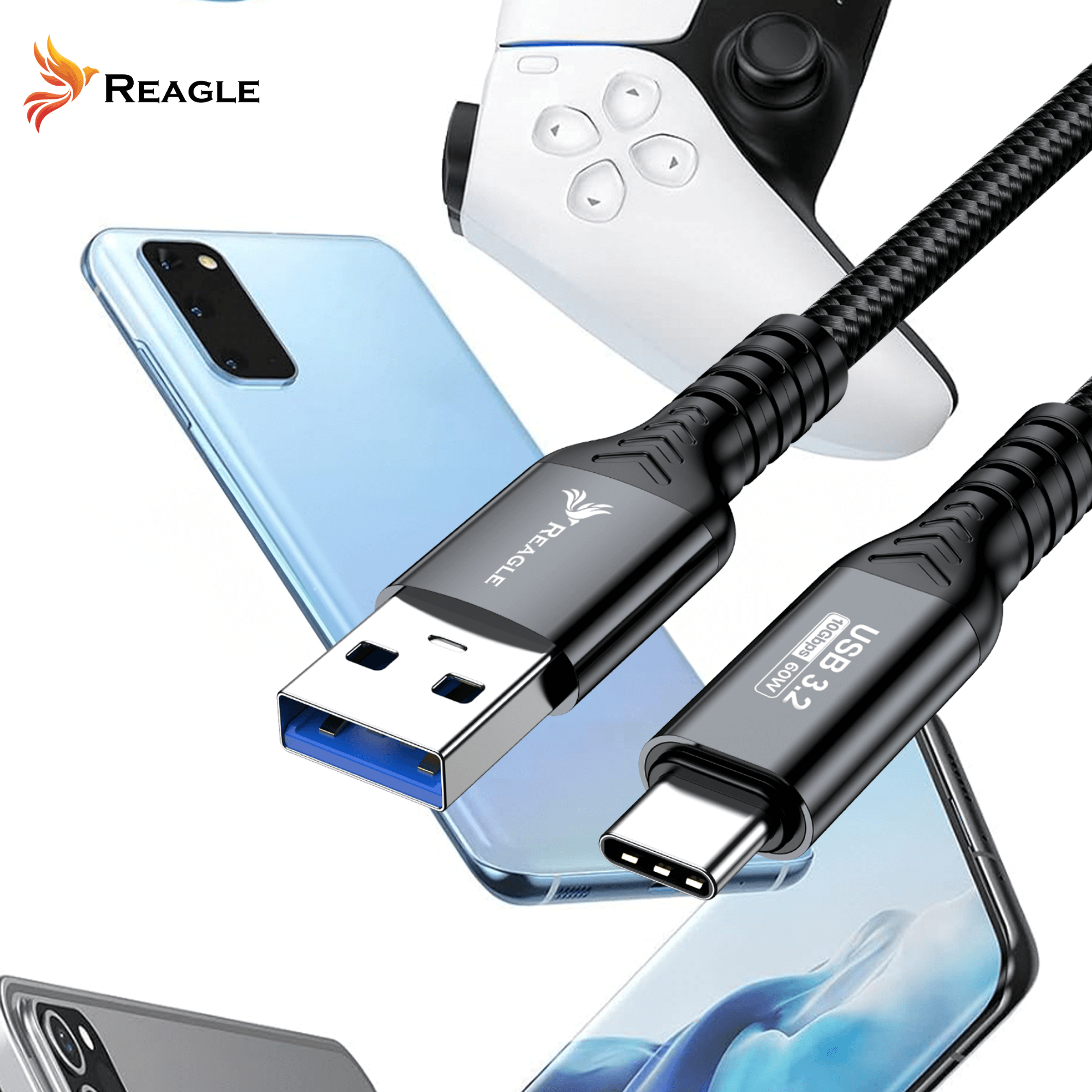 Kabel USB-C ze złączem USB-A leży na smartfonach i kontrolerze.