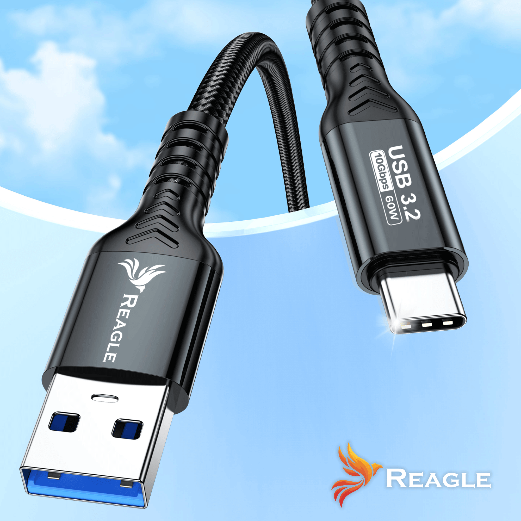 Czarny kabel USB-C do USB-A z niebieskim złączem i logo Reagle.
