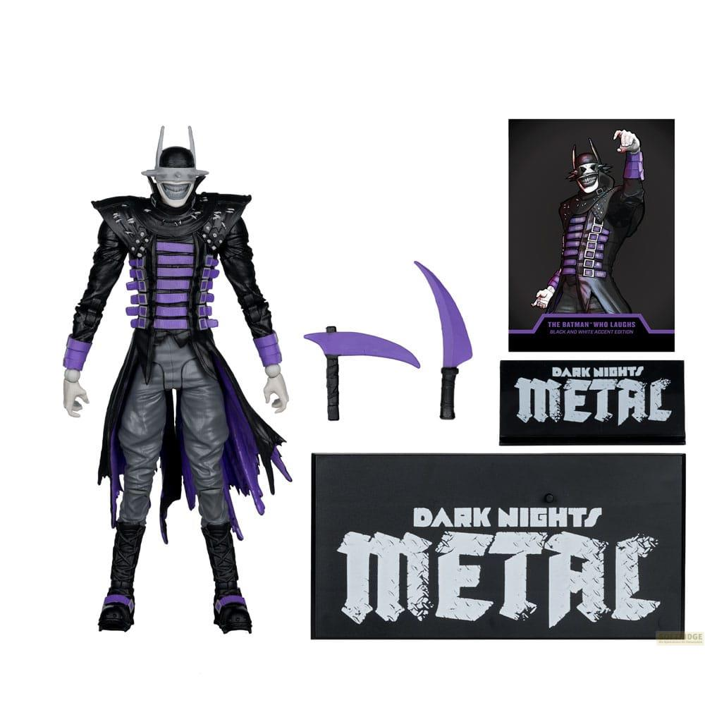 Actionfigur des Batman Who Laughs mit lila Akzenten, Waffen und Schilder.