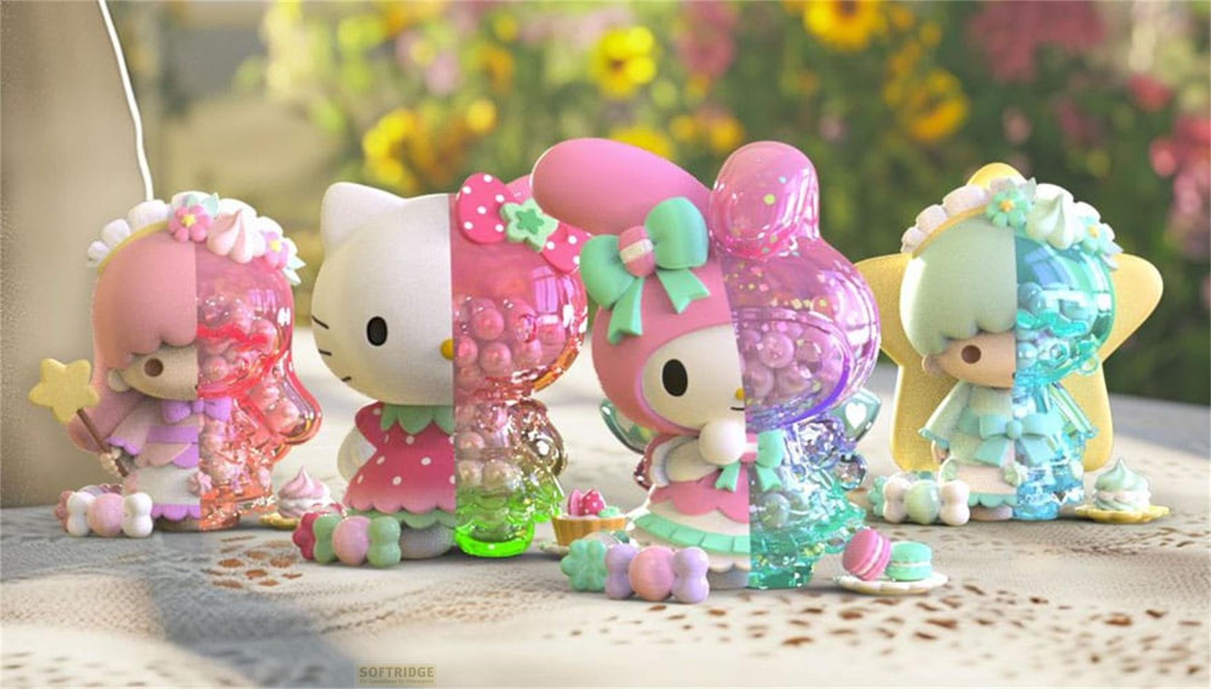 Vier Zeichentrickfiguren, halb solide, halb glitzernd, sitzen nebeneinander mit Blumen im Hintergrund.