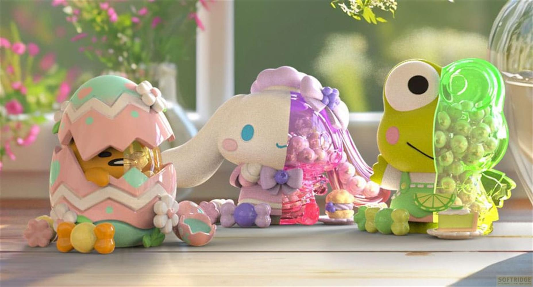 Drei süße Figuren: ein Küken im Ei, ein Kaninchen-hybrid & ein Frosch, Ostern-Thema.