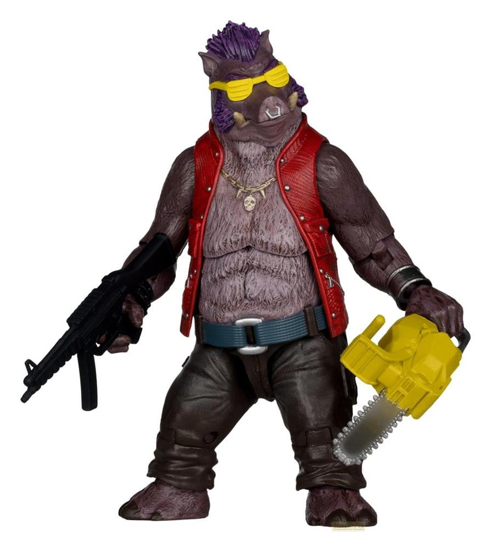 Un maiale antropomorfo con capelli viola, occhiali da sole gialli, gilet rosso, che tiene attrezzi.