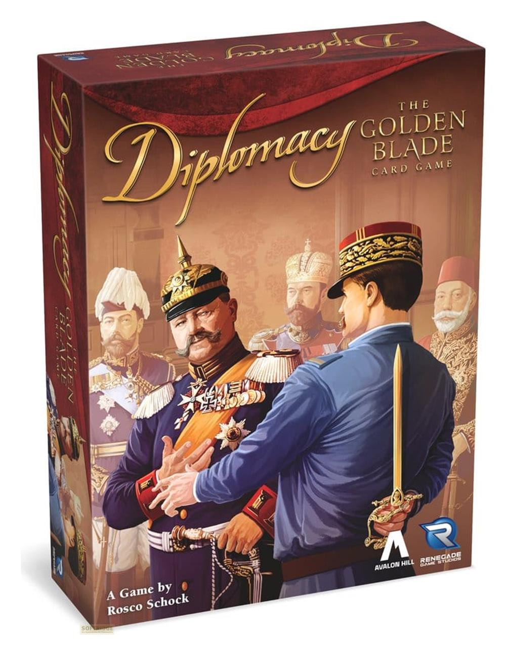 Brettspielbox "Diplomacy: The Golden Blade" mit Offizieren in historischen Uniformen.