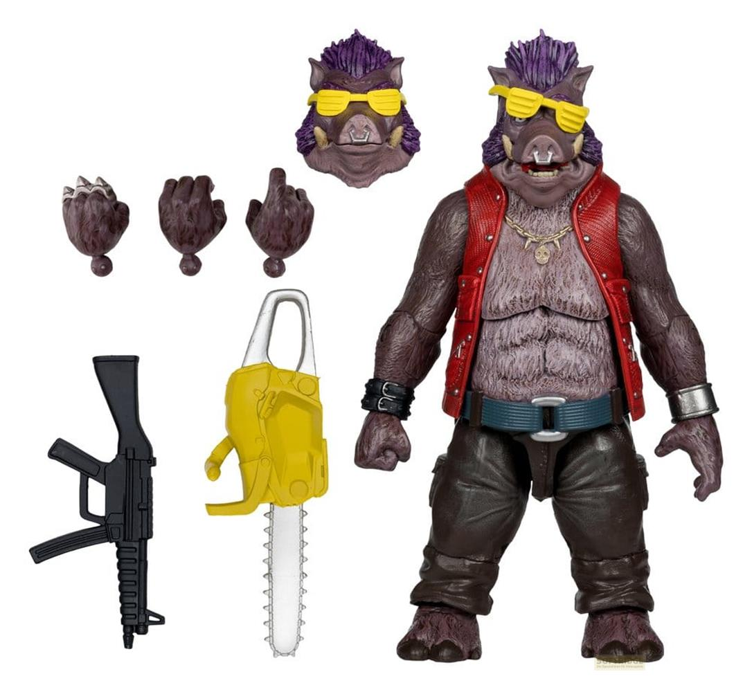 Action figure di un cinghiale antropomorfo con gilet rosso, occhiali gialli e armi.