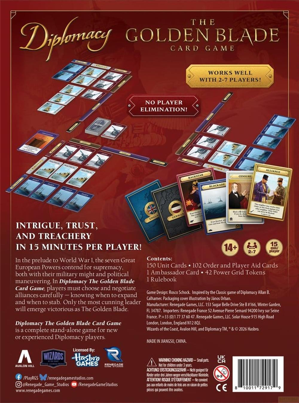 Das "Diplomacy The Golden Blade" Kartenspiel mit Spielkarten, Spielsteinen und Regeln auf rotem Hintergrund.