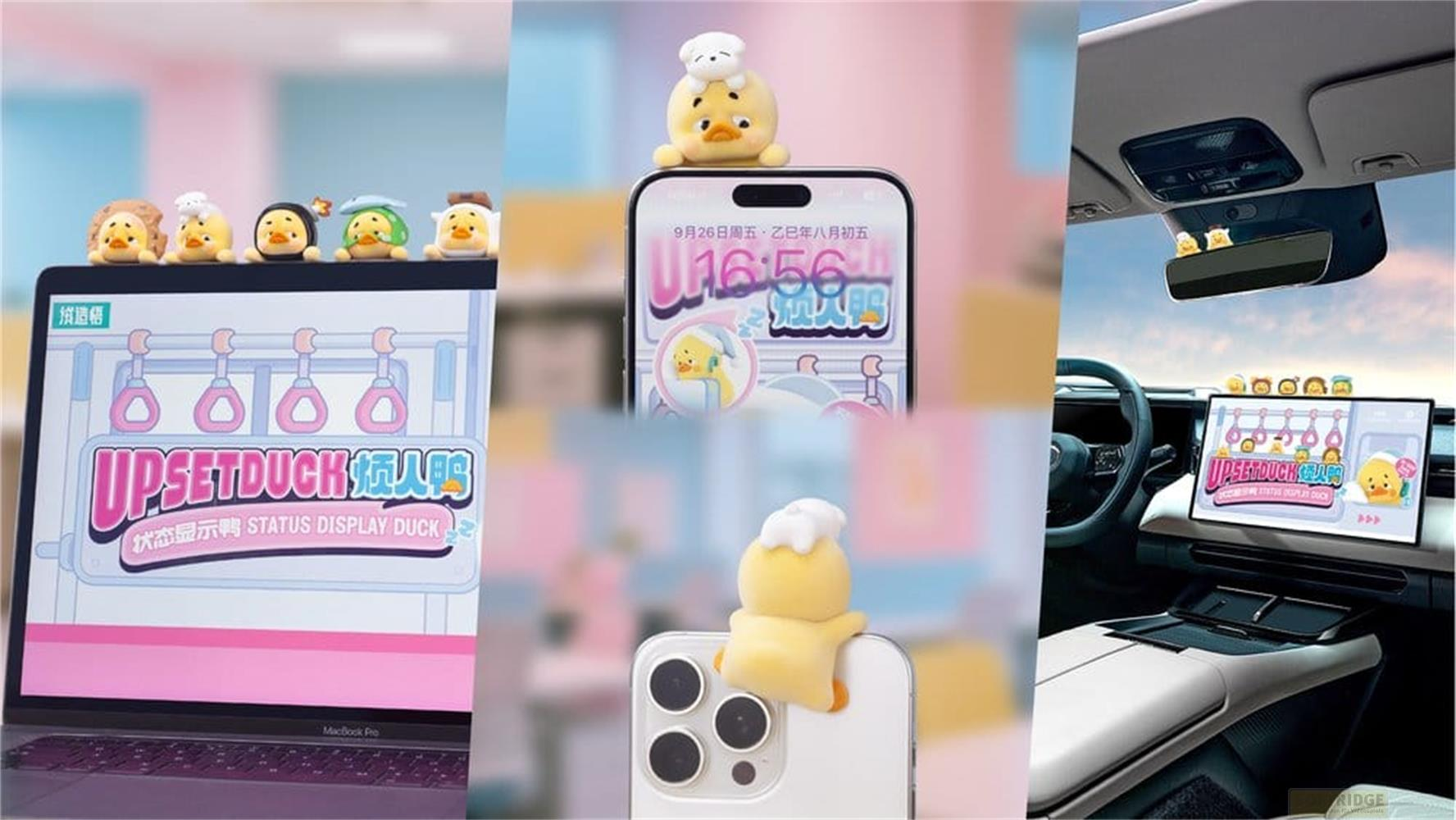 Eine Collage von Entenfiguren auf einem Laptop, Smartphone und im Auto.