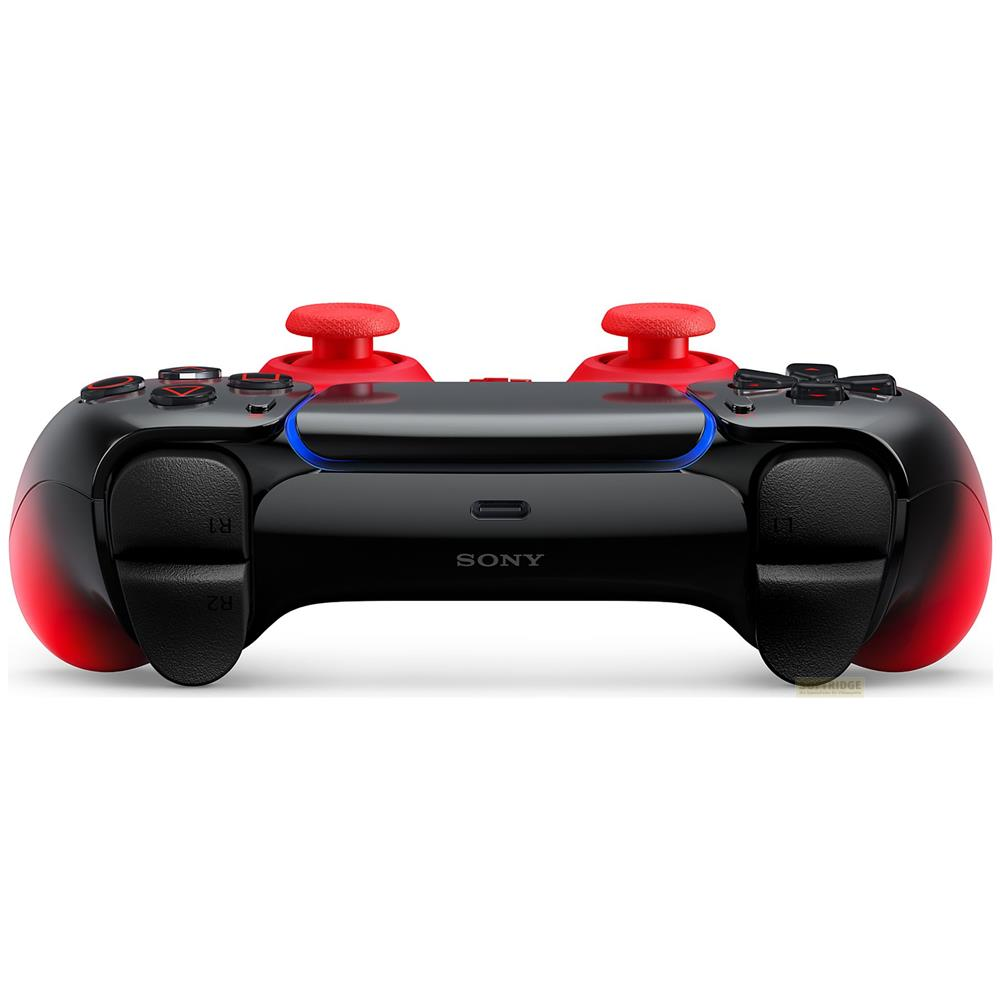 Schwarzer Sony Controller mit roten Akzenten und blauer Lichtleiste.