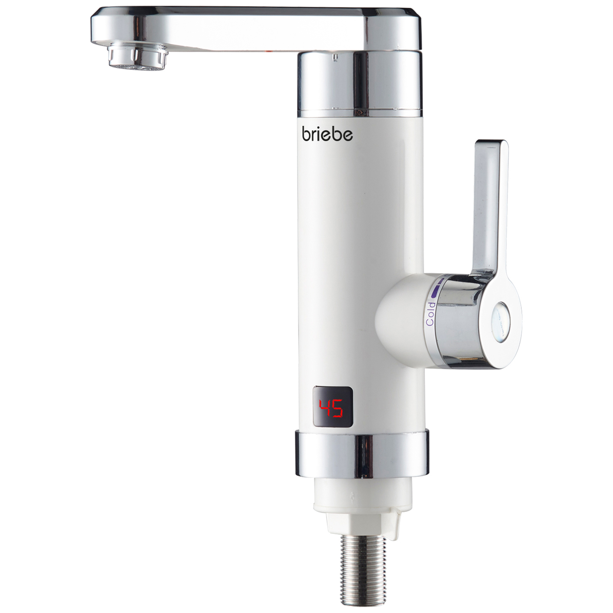 Un calentador de agua instantáneo blanco con detalles cromados y pantalla digital.