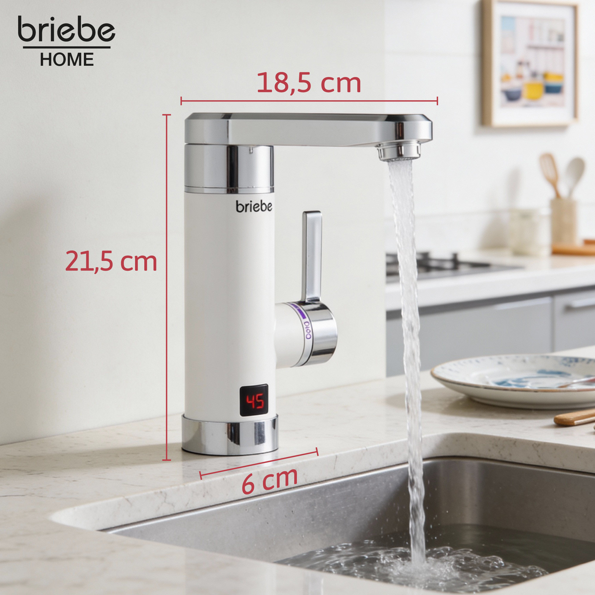 Un grifo blanco con detalles cromados mide 21,5 cm de alto. El agua fluye hacia el fregadero.