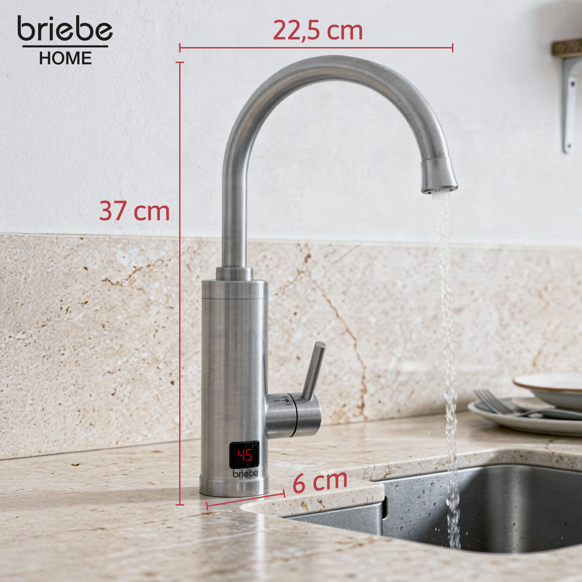 Grifo de cocina moderno con pantalla digital de temperatura junto a un fregadero.