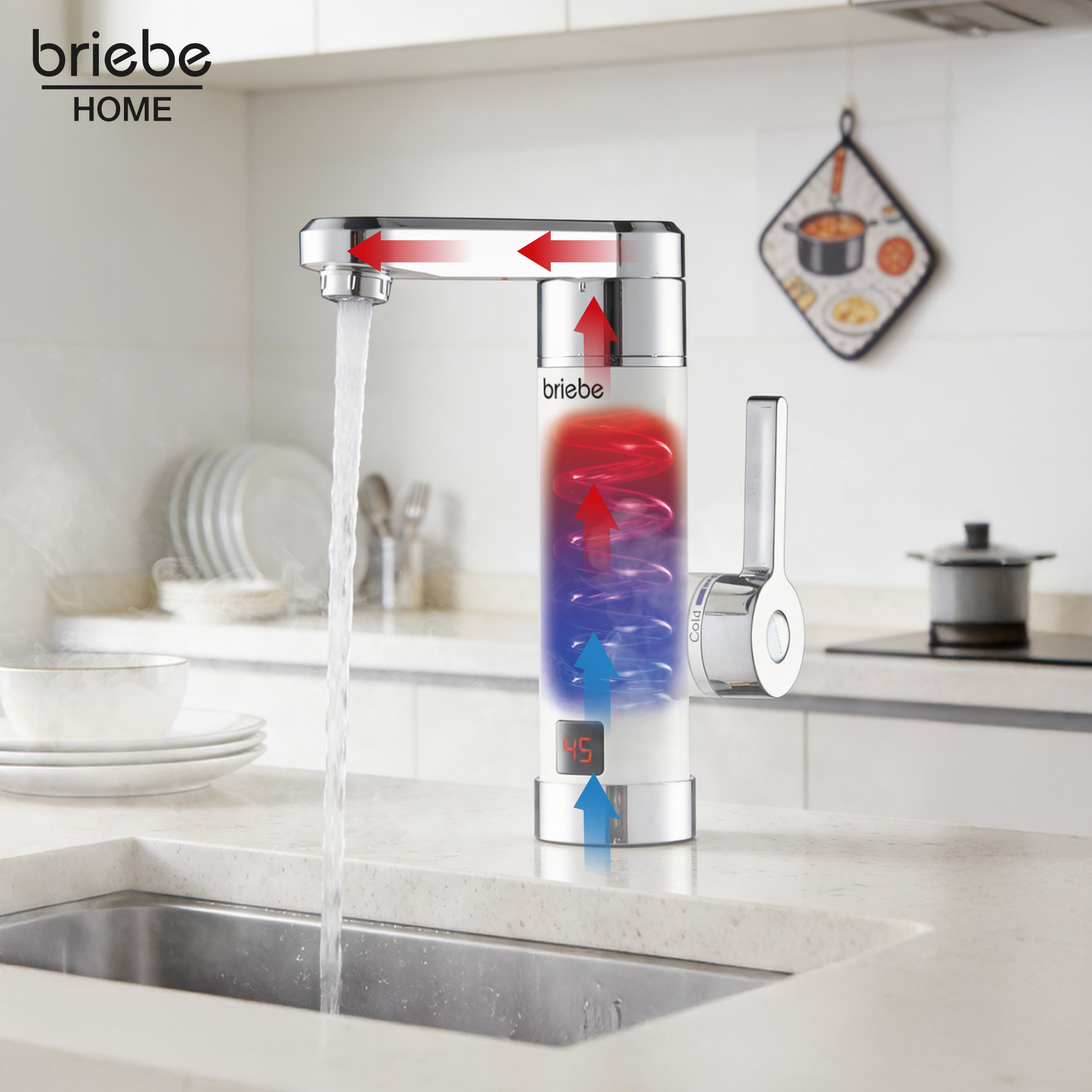 Un grifo de cocina moderno con pantalla digital que muestra 45°C.