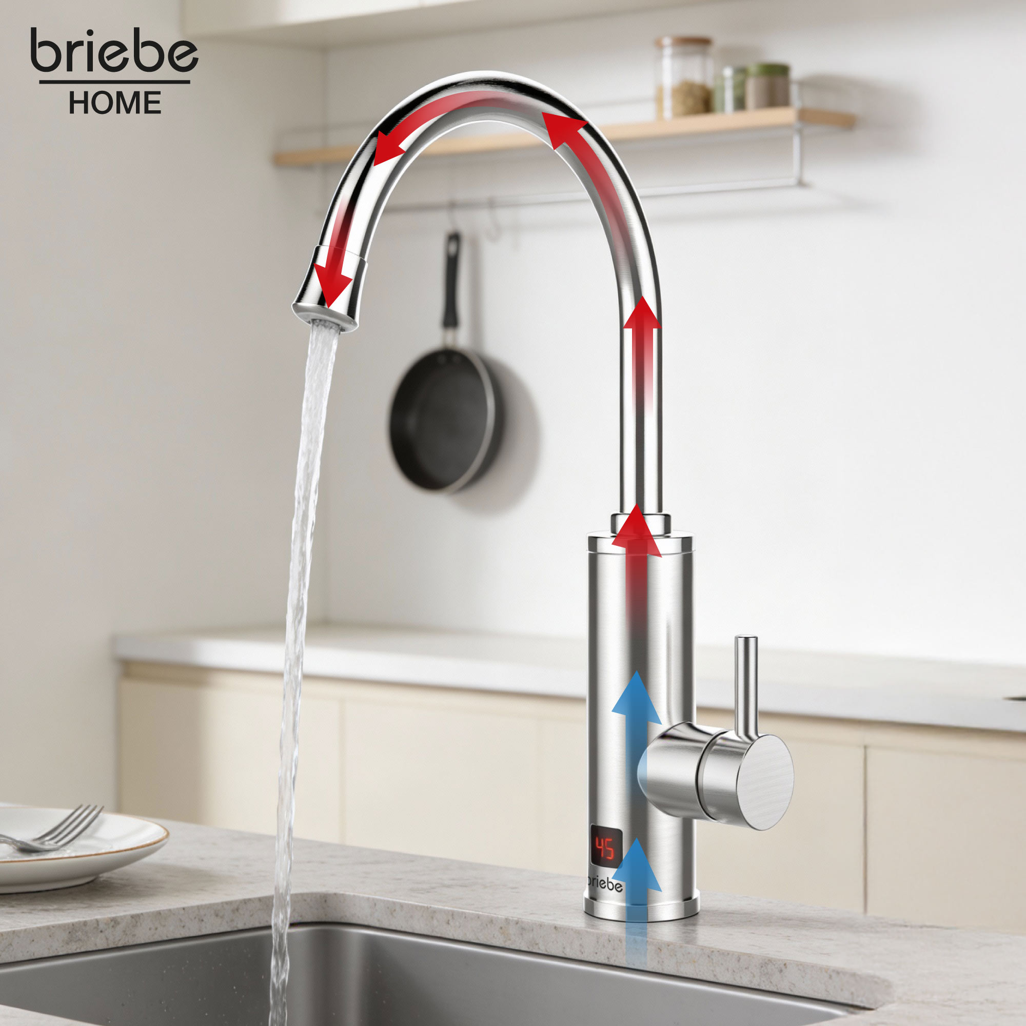 Grifo de cocina moderno con pantalla digital. Flechas rojas muestran flujo de agua.