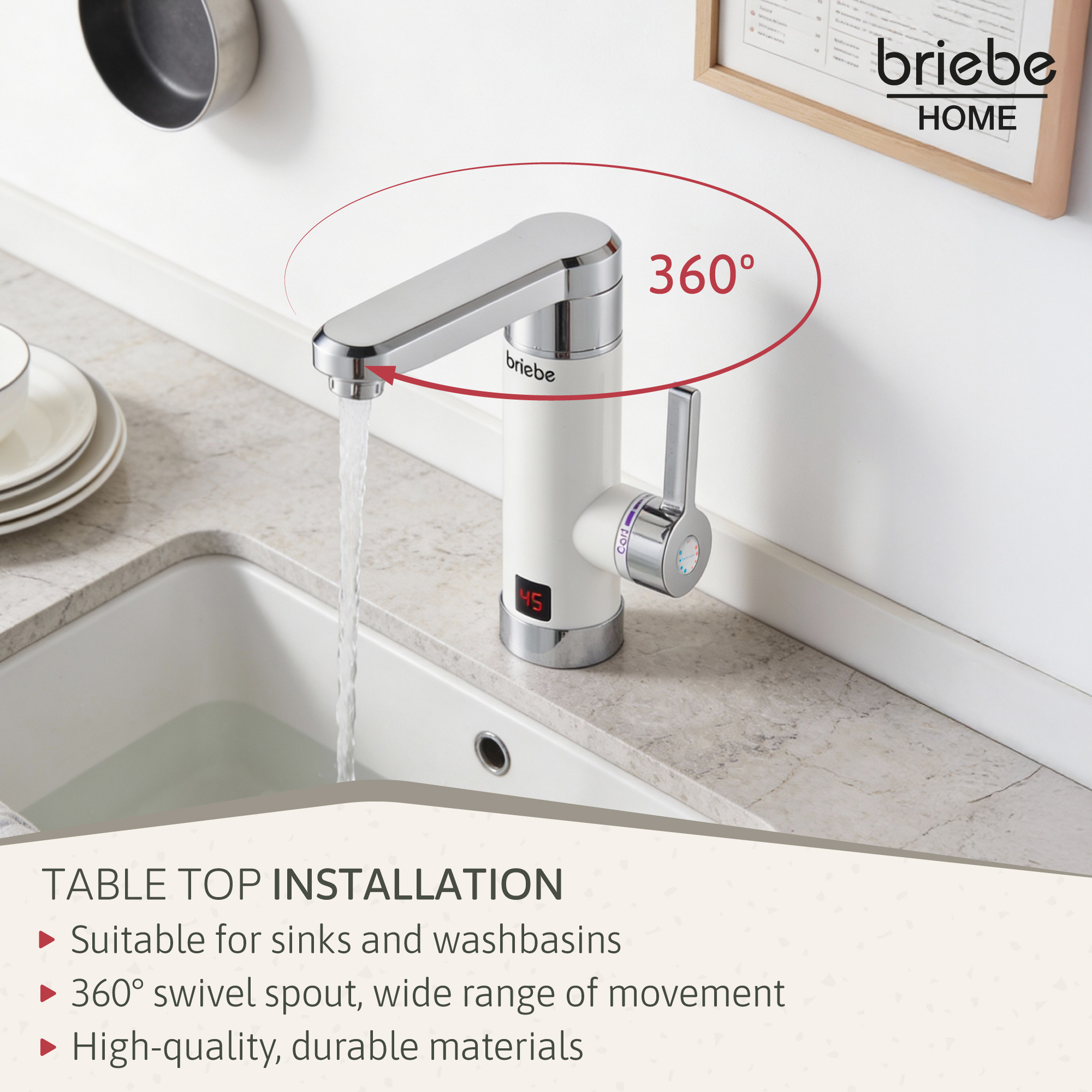 Un grifo blanco con detalles cromados sobre un lavabo, fluye agua.