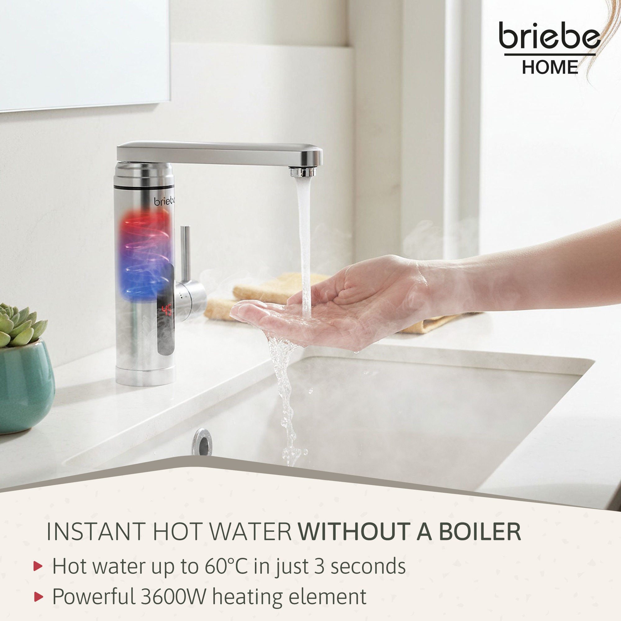 Un grifo dispensa agua caliente en una mano. Un dispositivo muestra calor rojo y azul.