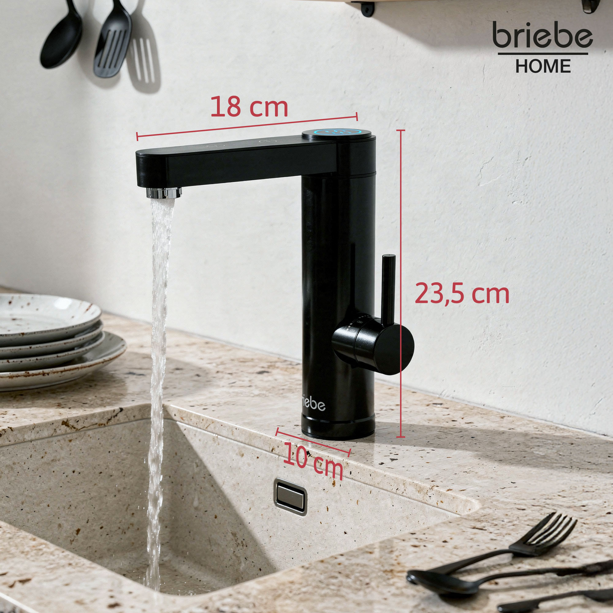Grifo de cocina negro con flujo de agua, medidas 18cm y 23,5cm.