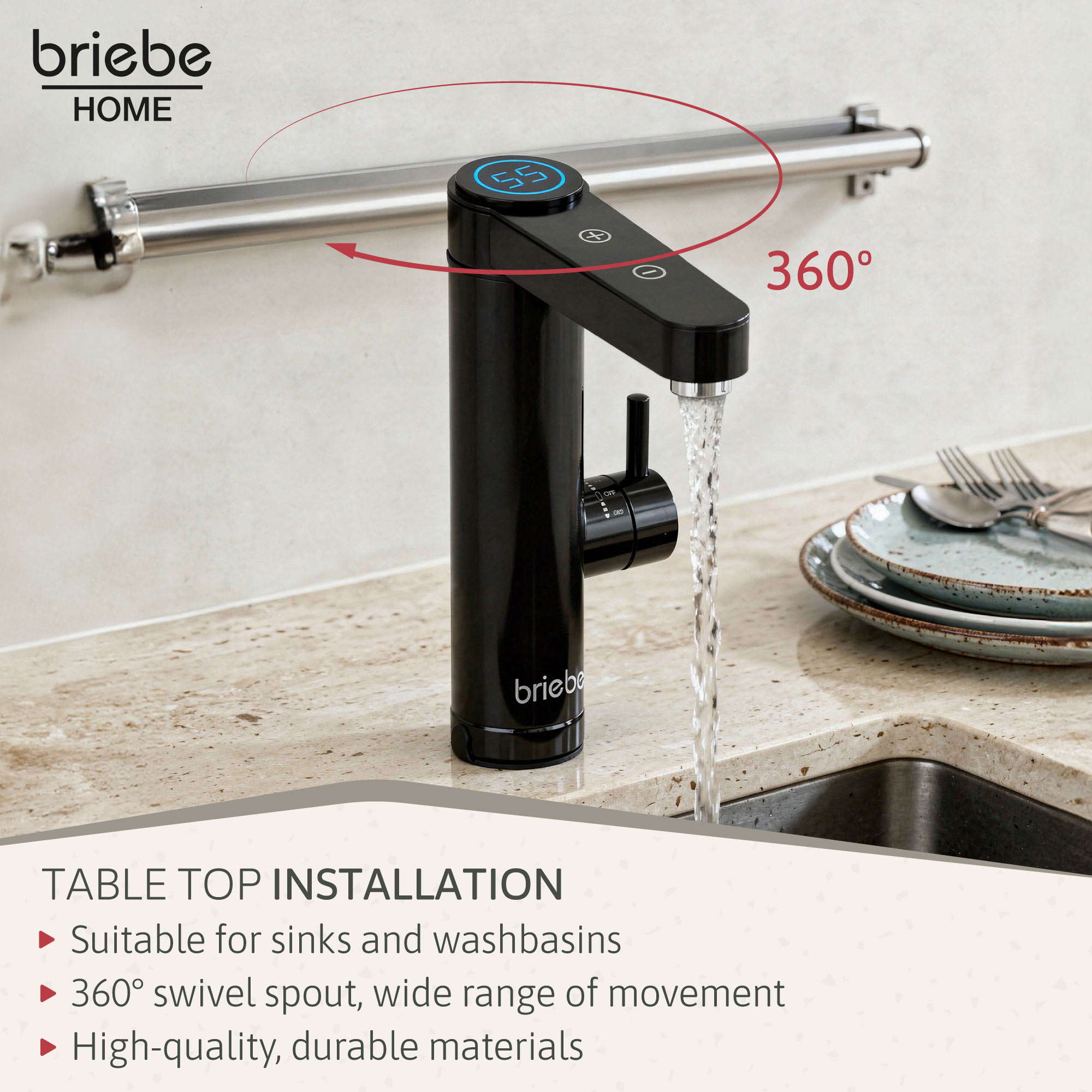 Grifo negro con pantalla digital, giro 360°, agua fluyendo.