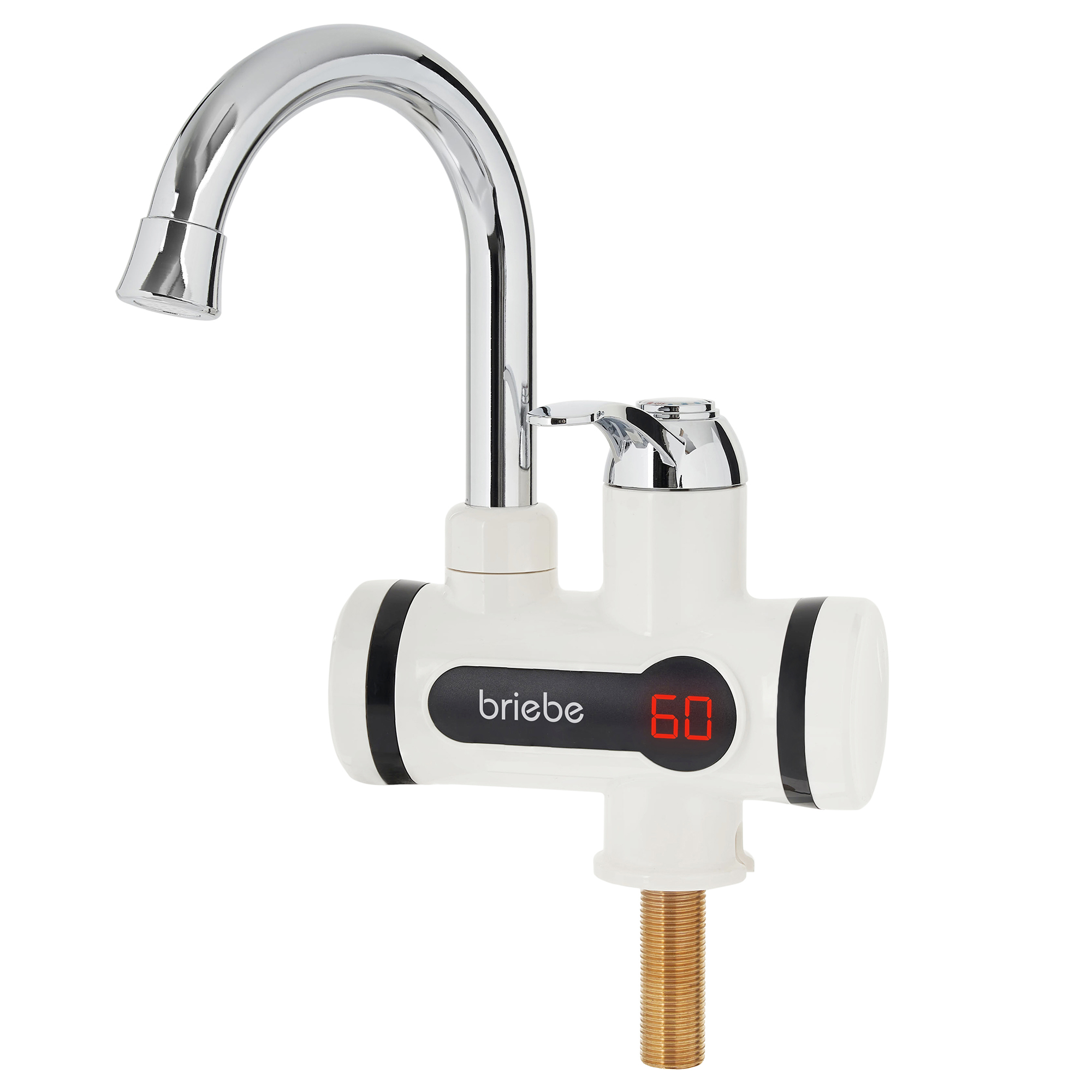 Un calentador de agua instantáneo blanco con grifo cromado y pantalla digital 60.