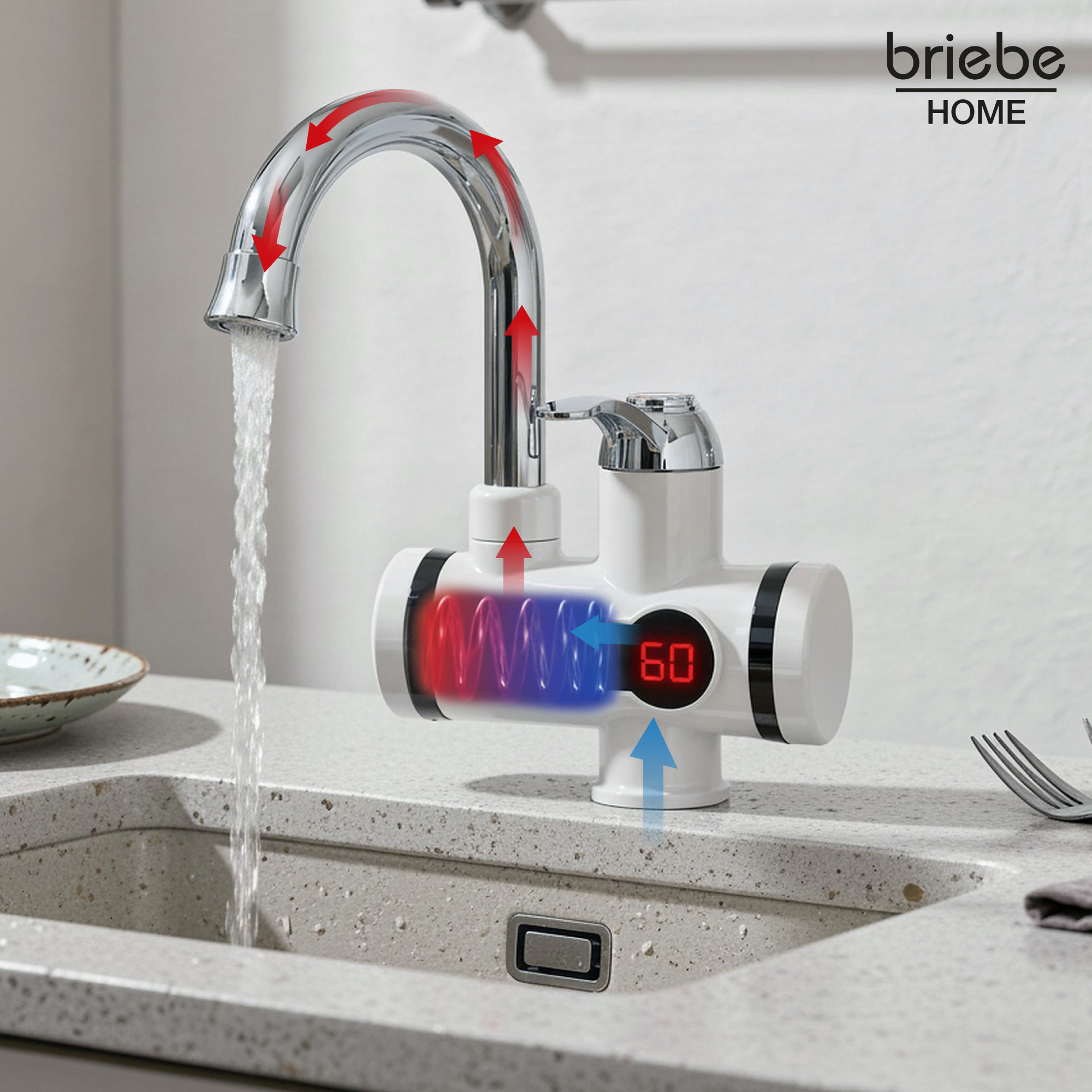 Un grifo moderno con pantalla digital, dispensando agua en un fregadero.