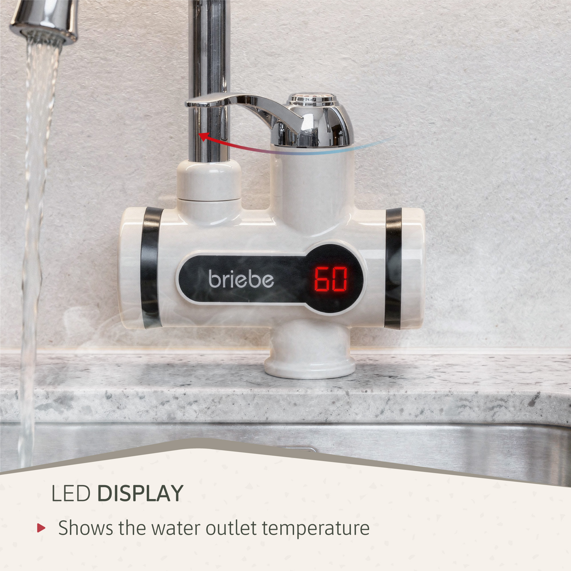 Un calentador de agua blanco con pantalla digital que muestra 60.