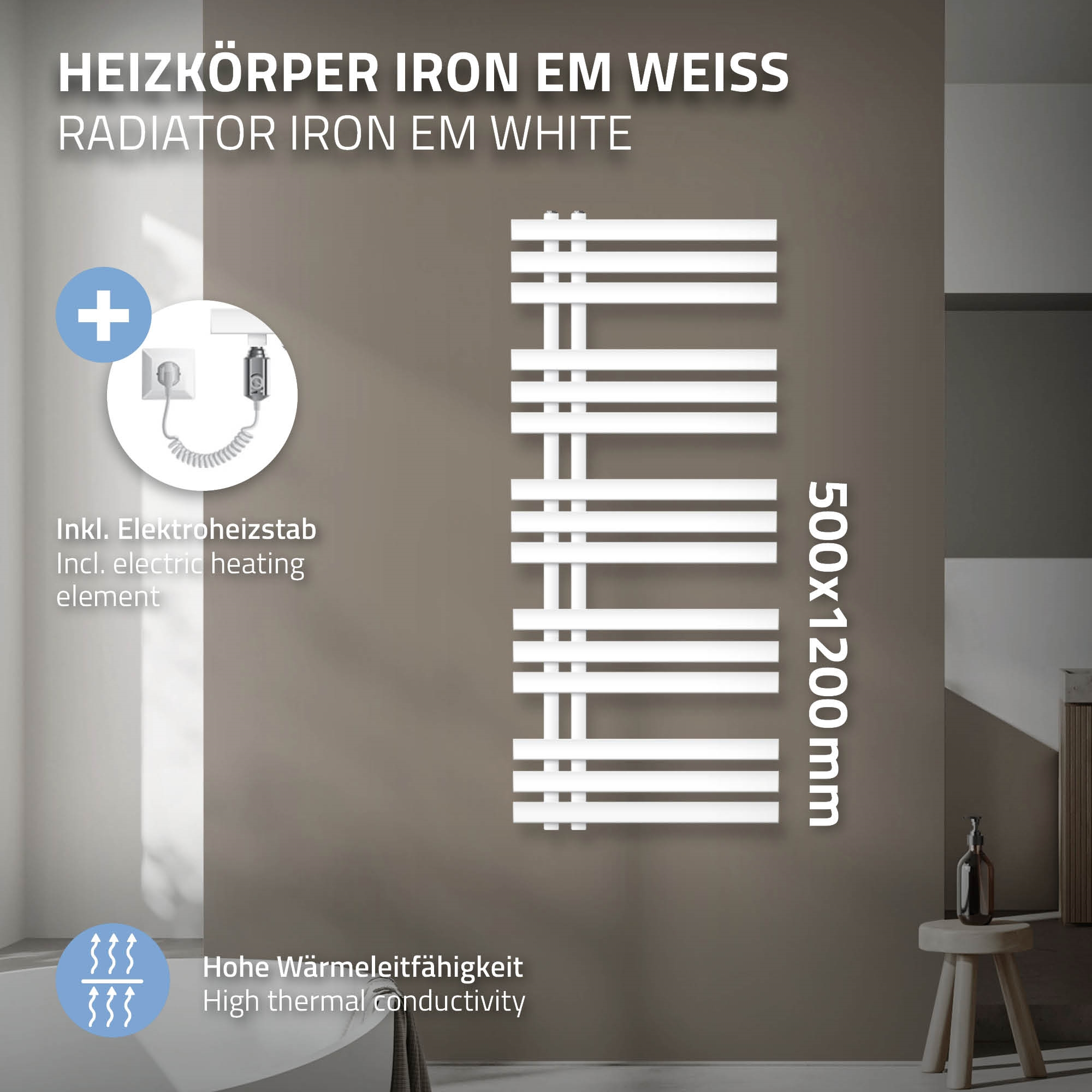 Ein weißer Heizkörper mit Heizstab, Maße 500x1200mm, für hohe Wärmeleitfähigkeit.