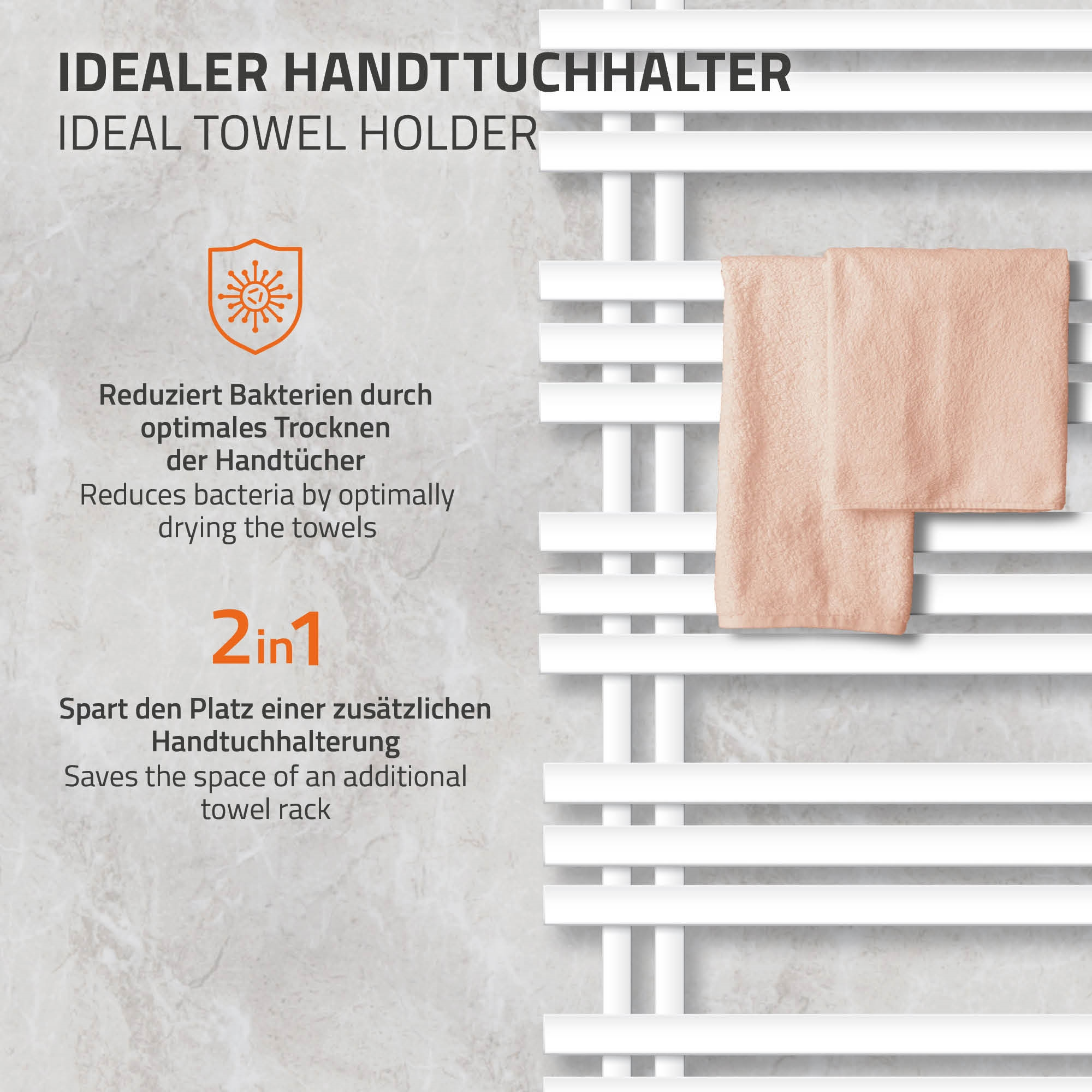 Ein weißer Handtuchhalter mit zwei hellrosa Handtüchern.
