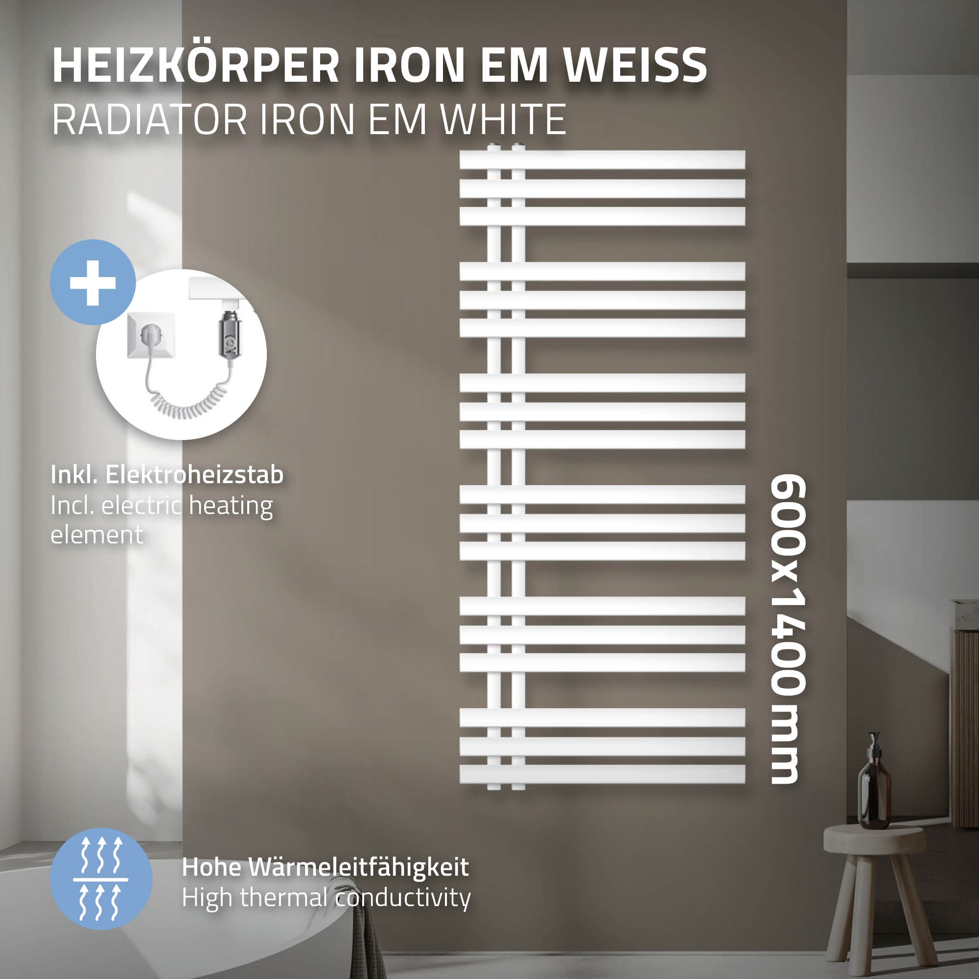Ein weißer Heizkörper mit horizontalen Rohren, 600x1400mm.