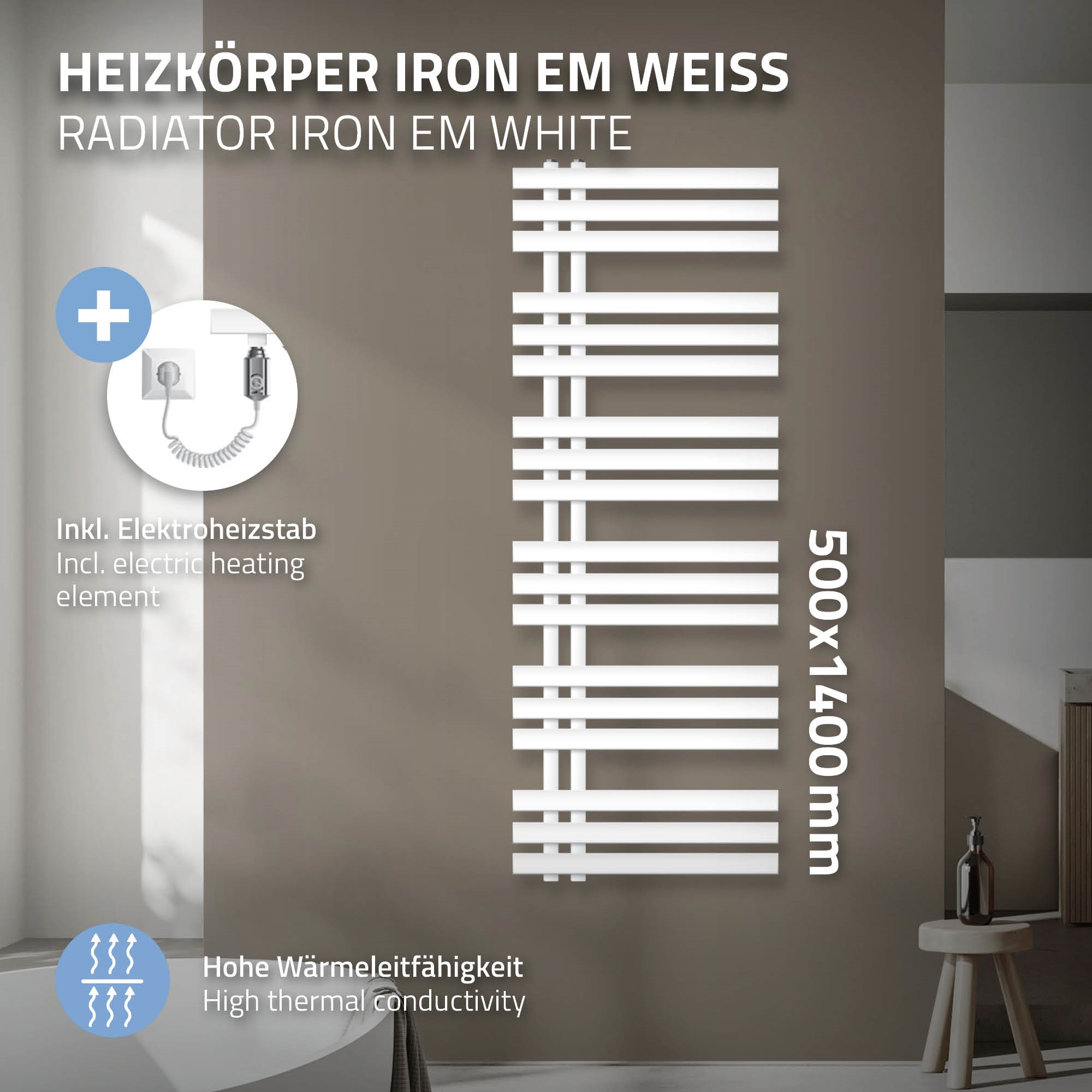 Moderner weißer Heizkörper mit elektrischem Heizelement und hoher Wärmeleitfähigkeit.