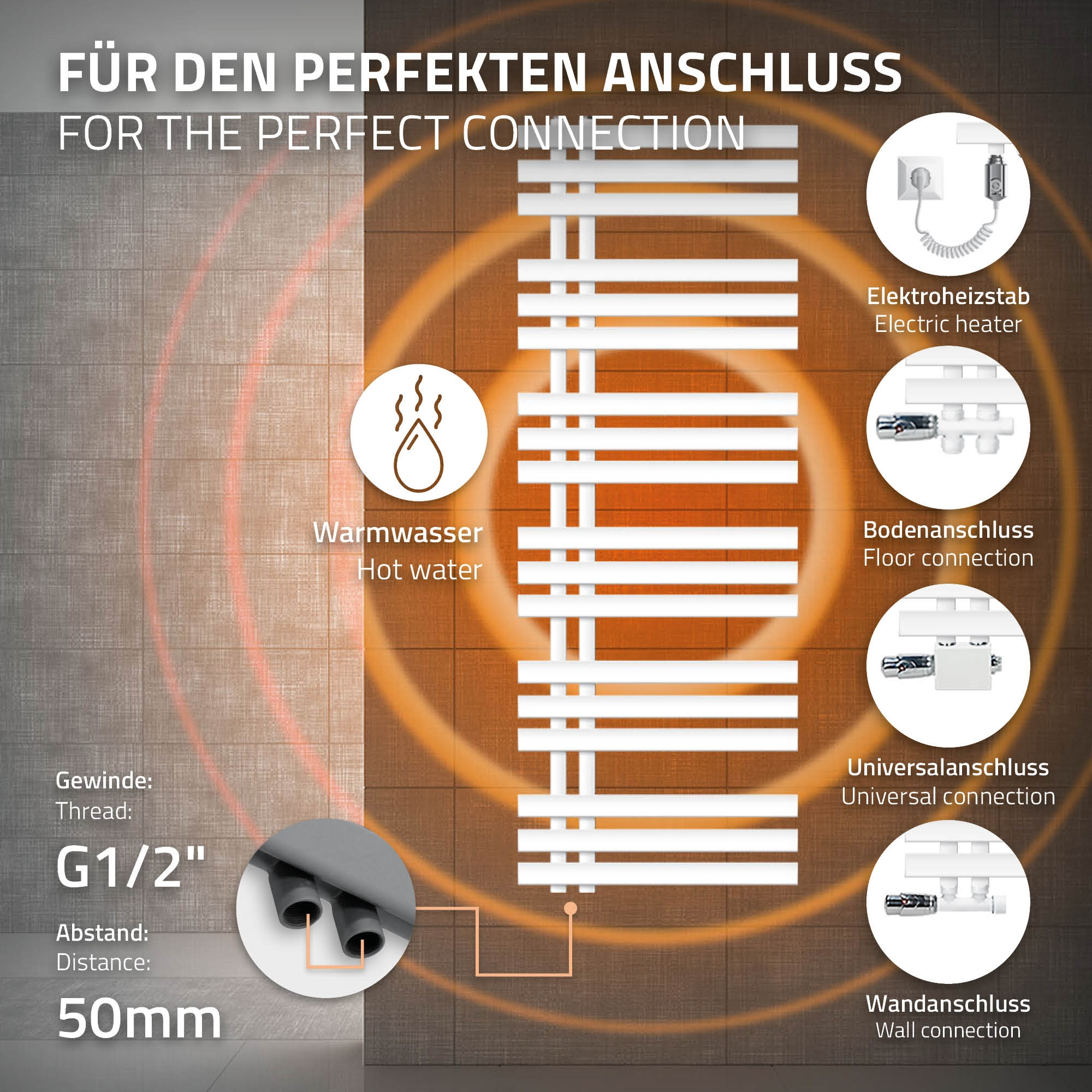 Illustration zeigt Heizkörper mit Anschlüssen und technischen Daten.