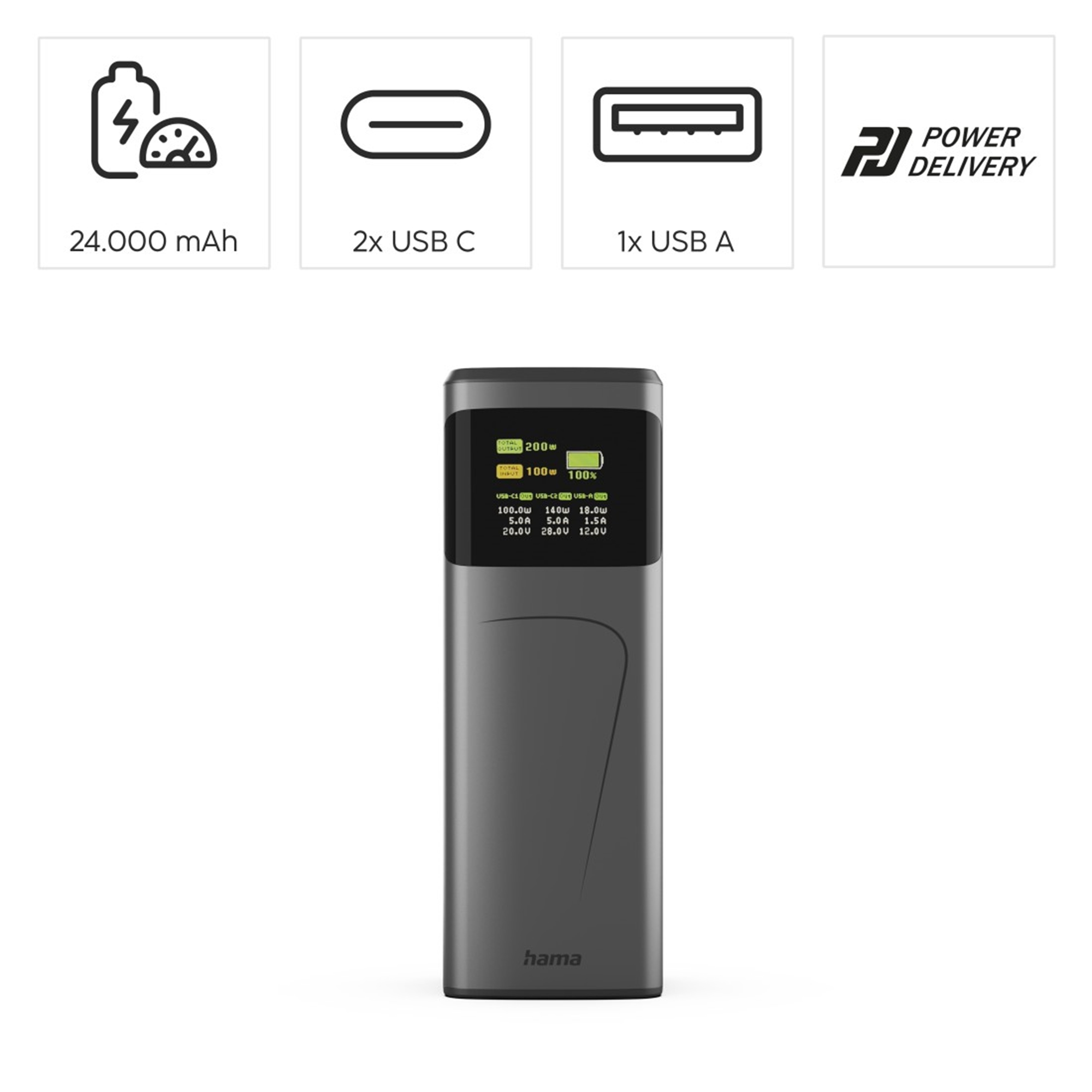 Graues Hama Powerbank mit Display, 24000 mAh, 2x USB-C, 1x USB-A.
