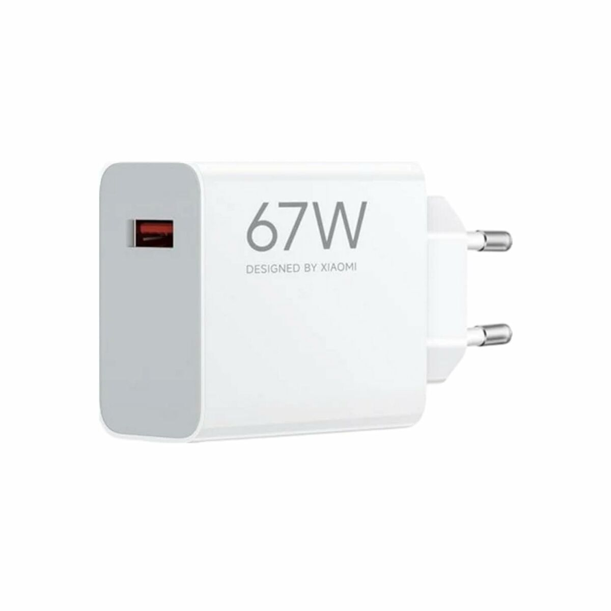 Biała ładowarka Xiaomi 67W z portem USB-C i wtyczką europejską.