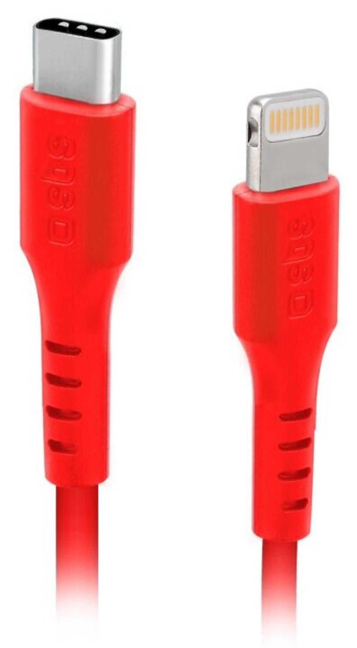 Dos cables de carga rojos, conectores USB-C y Lightning.