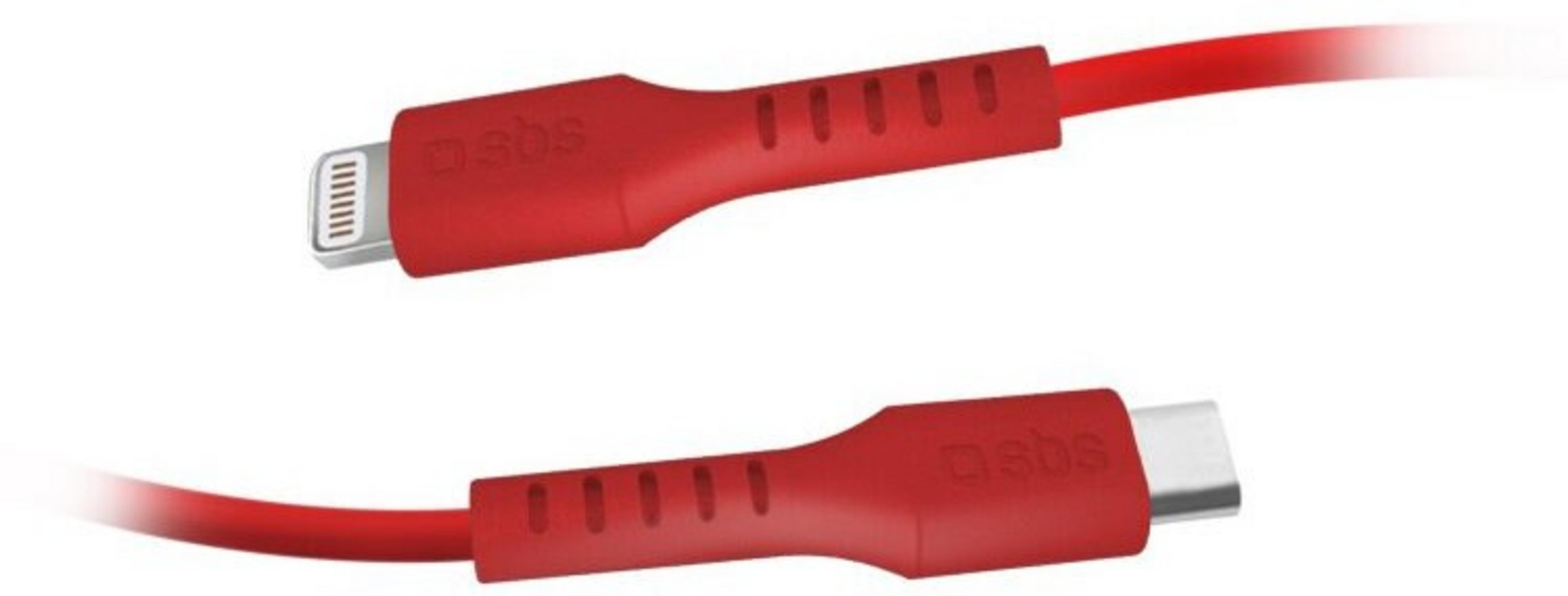 Un cable de carga rojo con conectores Lightning y USB-C.