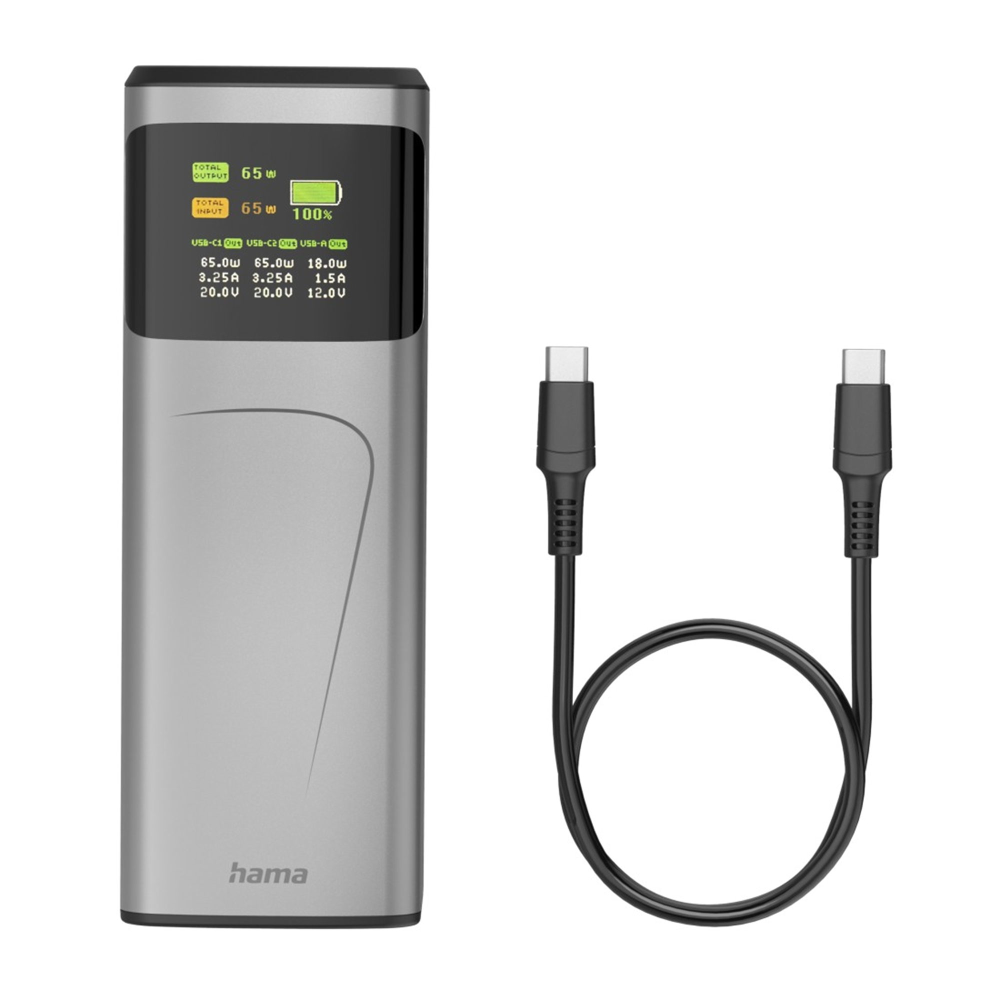 Ein silbernes Hama Powerbank-Gerät mit USB-C-Kabel. Das Display zeigt 65W Ausgang und 100% Ladung.