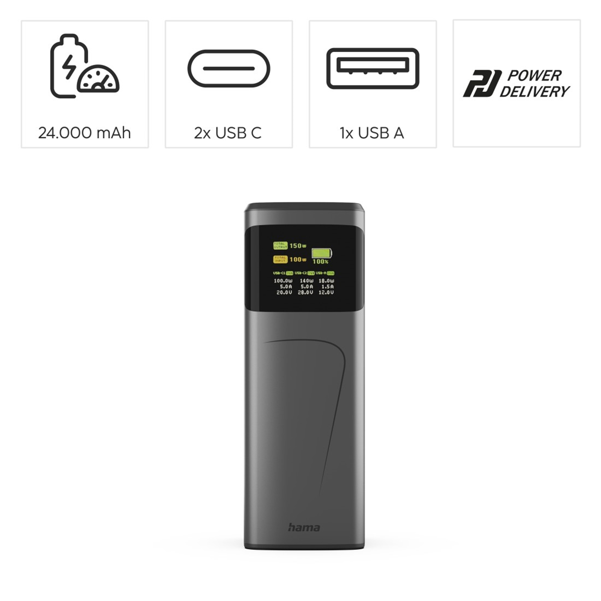 Grauer Hama Powerbank mit 24.000 mAh, 2x USB-C, 1x USB-A, Power Delivery.