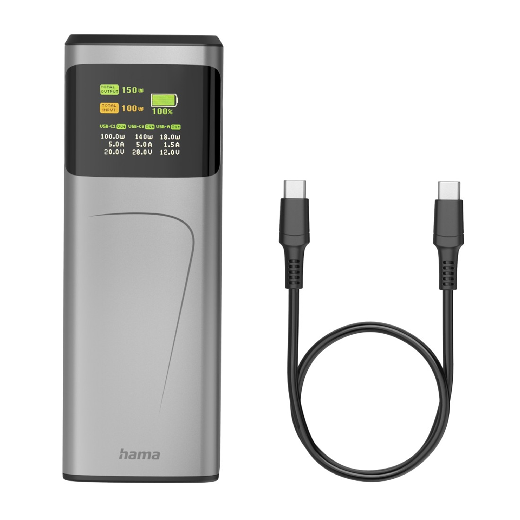Ein graues Hama Ladegerät mit USB-C-Kabel. Display zeigt 150W Ausgang, 100W Eingang.