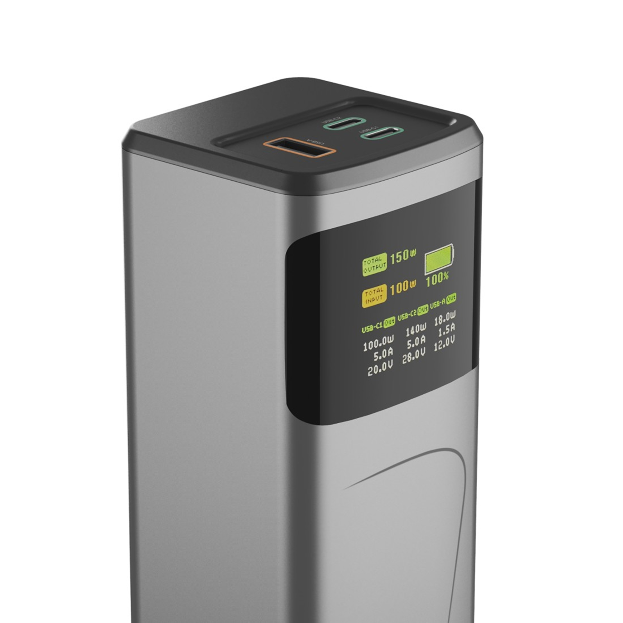 Grauer rechteckiger Ladegerät mit USB-C und USB-A-Anschlüssen und einem digitalen Display.