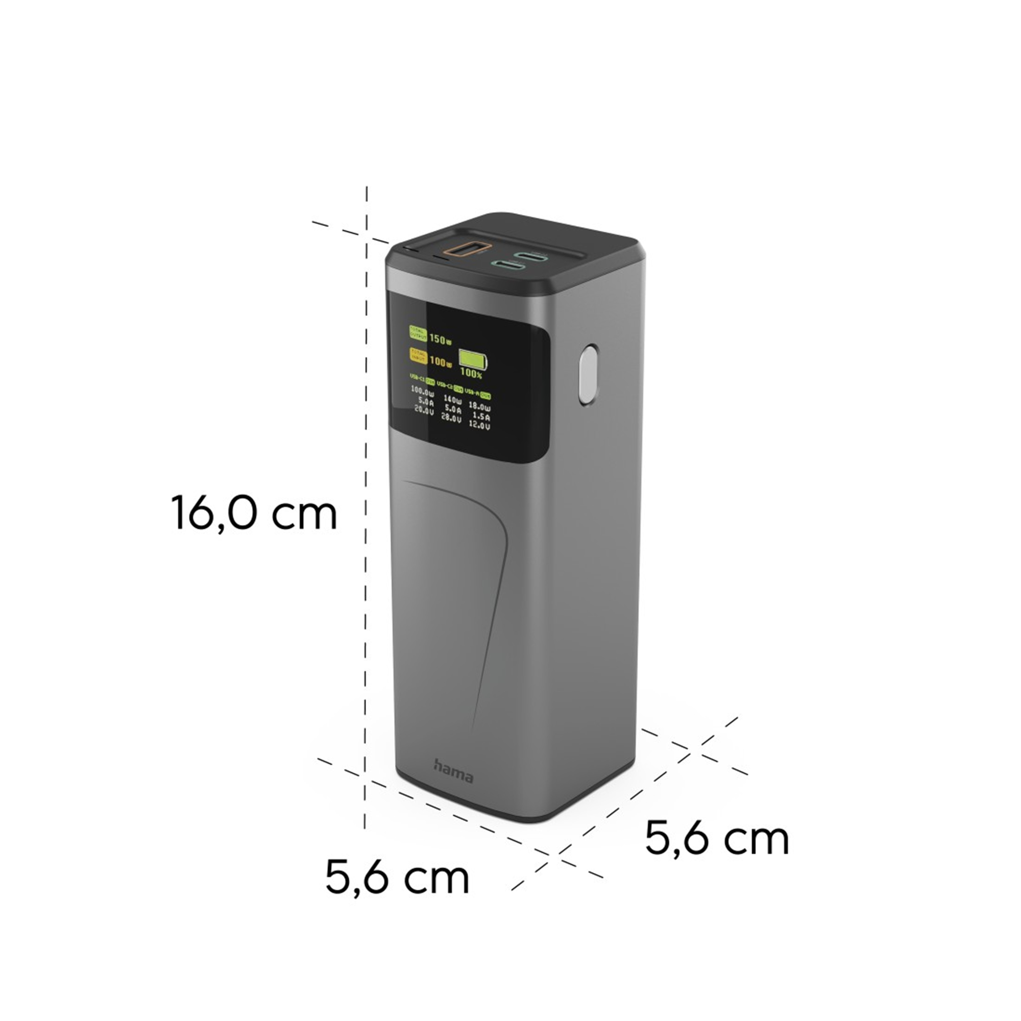 Grauer Hama Powerbank, 16x5.6x5.6cm, mit Display und Anschlüssen.