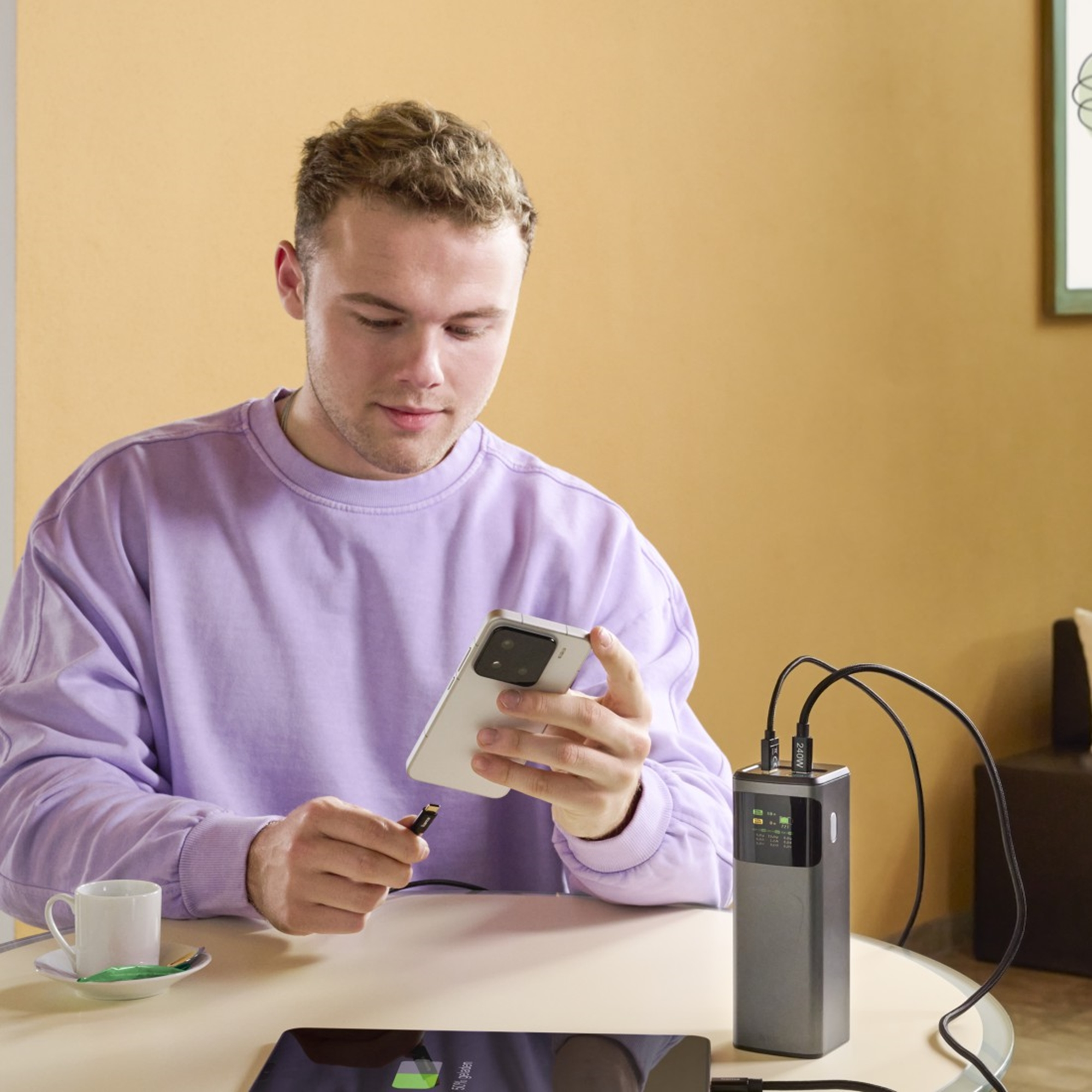 Mann lädt Handy und Tablet mit einem grauen Powerbank auf.
