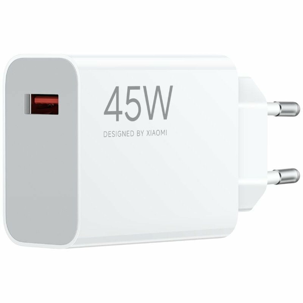 Biała wtyczka ładowarki Xiaomi 45W z portem USB-A i dwoma metalowymi bolcami.
