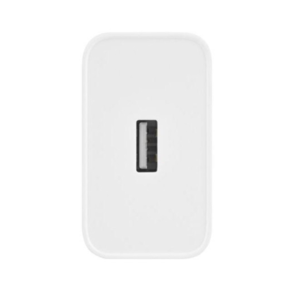 Biała ładowarka z czarnym portem USB pośrodku.