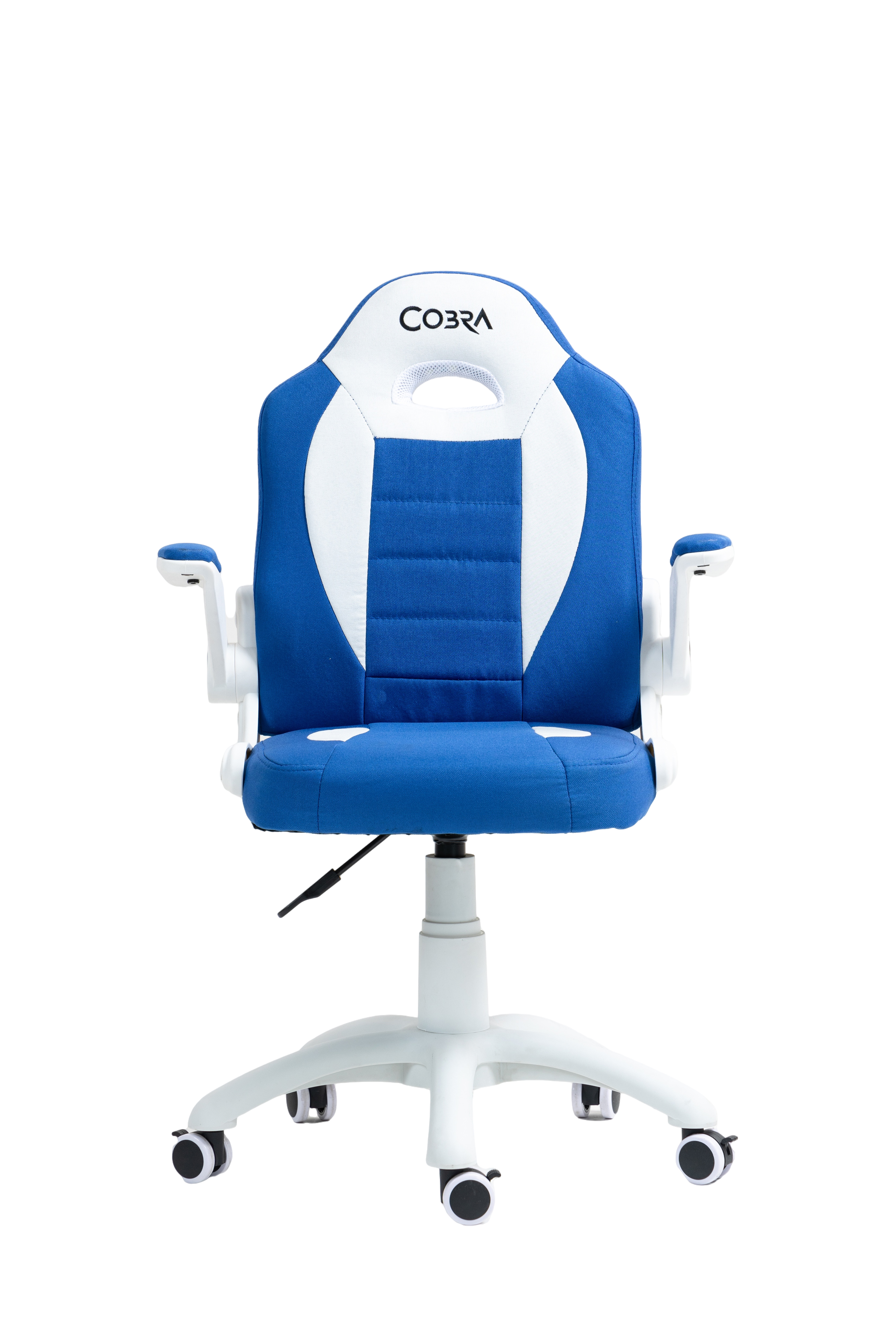 Niebiesko-biały fotel gamingowy z logo COBRA na zagłówku.